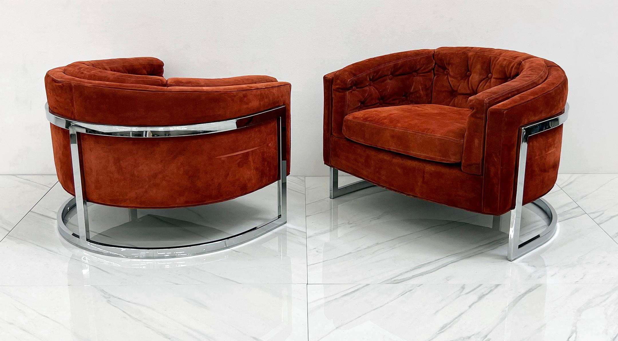 Adrian Pearsall Chrome and Suede Barrel Chairs, Pair, 1970's 6