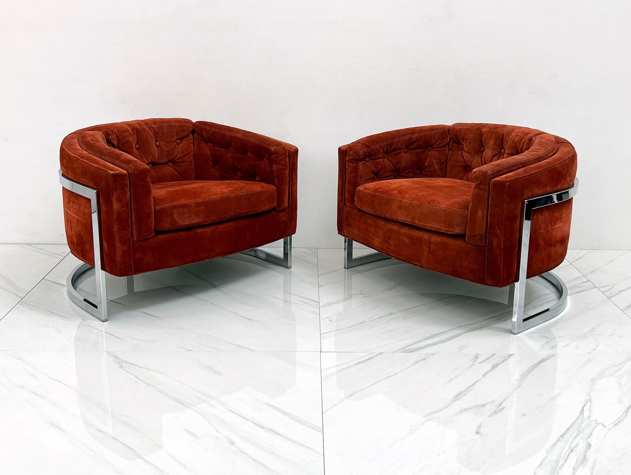 Mid-Century Modern Adrian Pearsall Chrome and Suede Barrel Chairs, Pair, 1970's