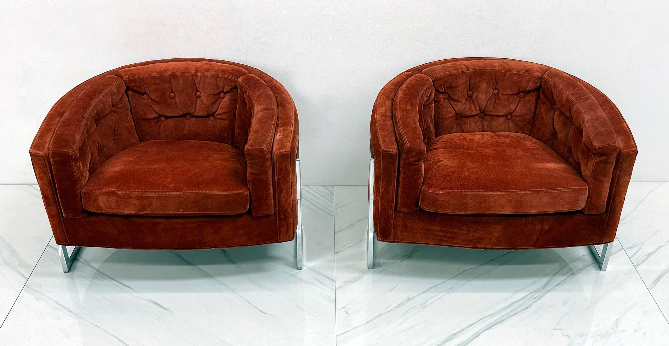 Adrian Pearsall Chrome and Suede Barrel Chairs, Pair, 1970's In Good Condition In Culver City, CA