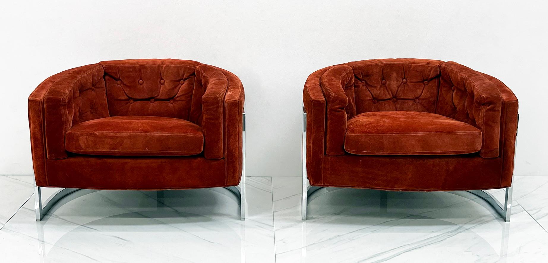 Late 20th Century Adrian Pearsall Chrome and Suede Barrel Chairs, Pair, 1970's
