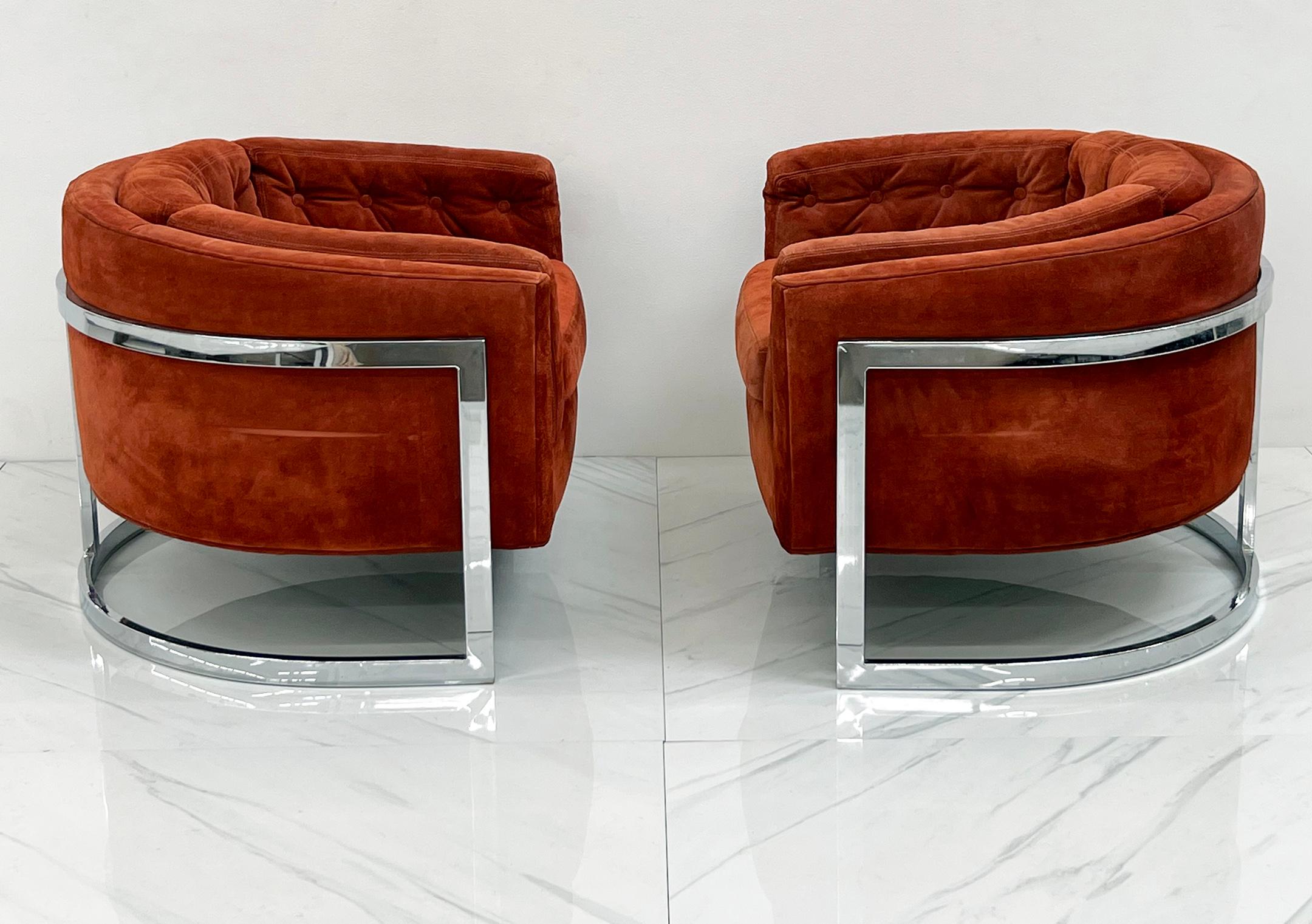 Adrian Pearsall Chrome and Suede Barrel Chairs, Pair, 1970's 3