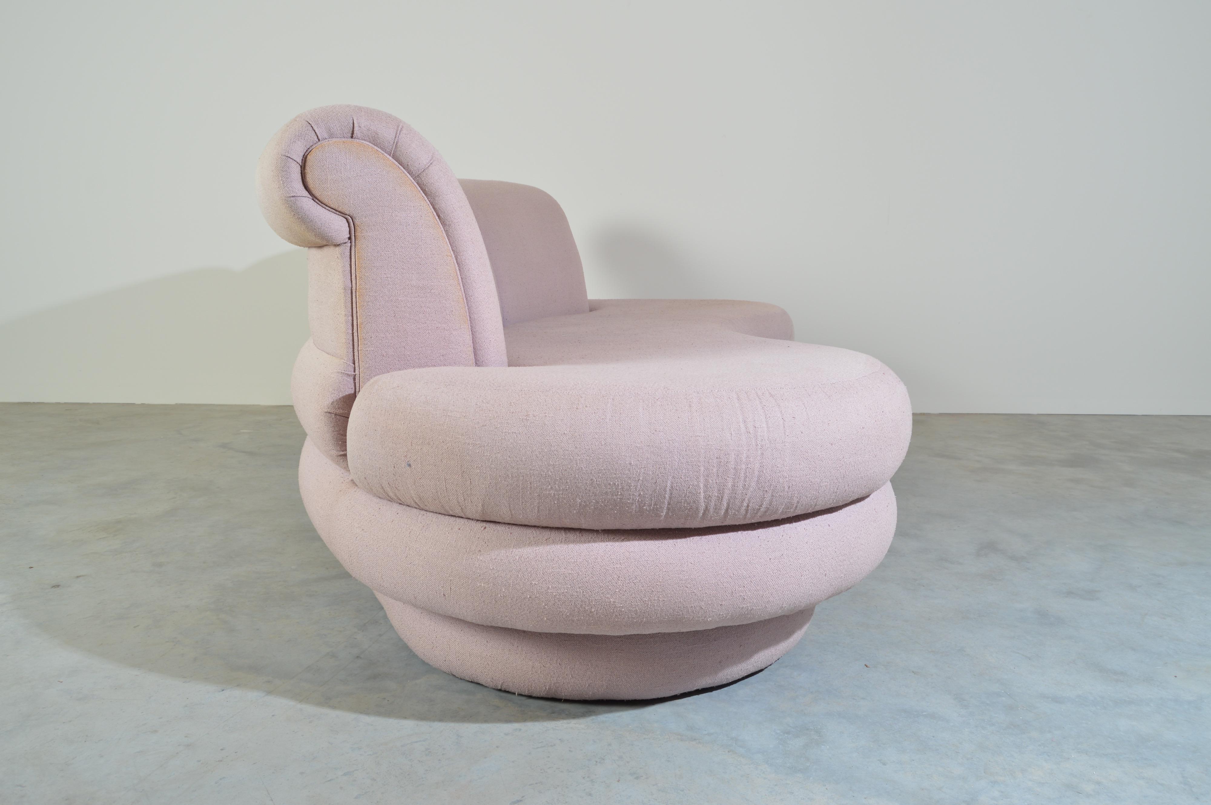 Biomorphic curved Postmodern sofa designed by Adrian Pearsall. Very comfortable and attractive design.
Original upholstery has a large stain on one side of the cushion. Reupholstery is recommended. We are offering this at a lower price to help