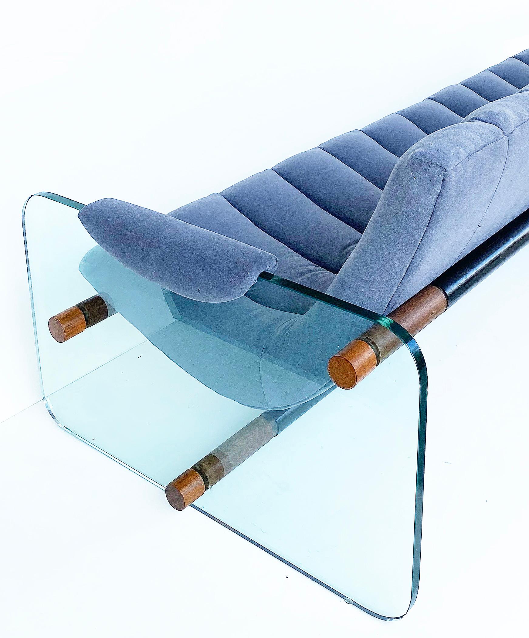Wood Adrian Pearsall Craft Associates Glass Sided Sofa in Velvet Upholstery