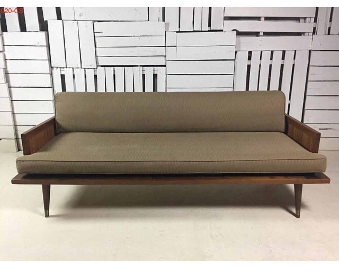 Rare Adrian Pearsall sofa that has cane arms, circa late 1950s. Gorgeous lines and proportions. The wood could use a little reconditioning and the fabric, which is not original and is still in decent shape with only a few stains that would come out