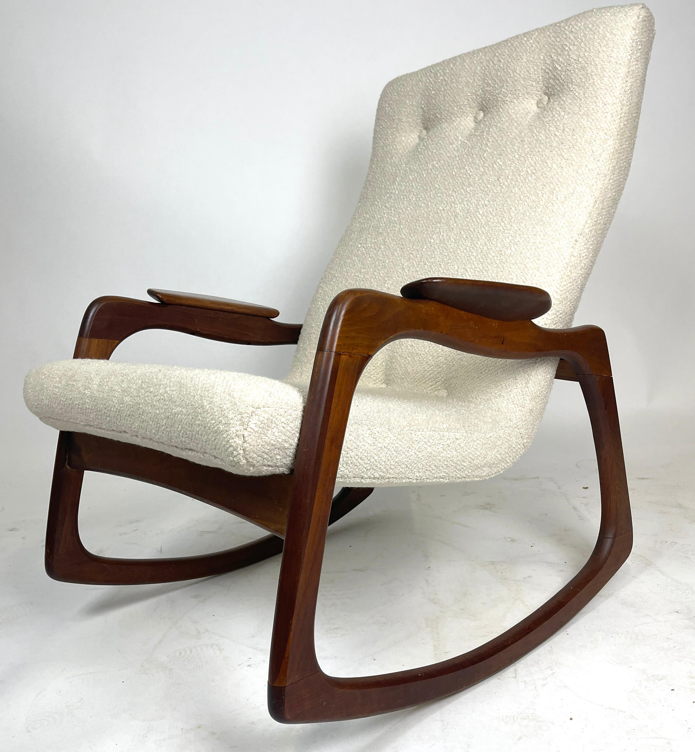 Freshly upholstered rocker designed by Adrian Pearsall for Craft Associates. Sculptural walnut frame with a brand new nubby fabric.