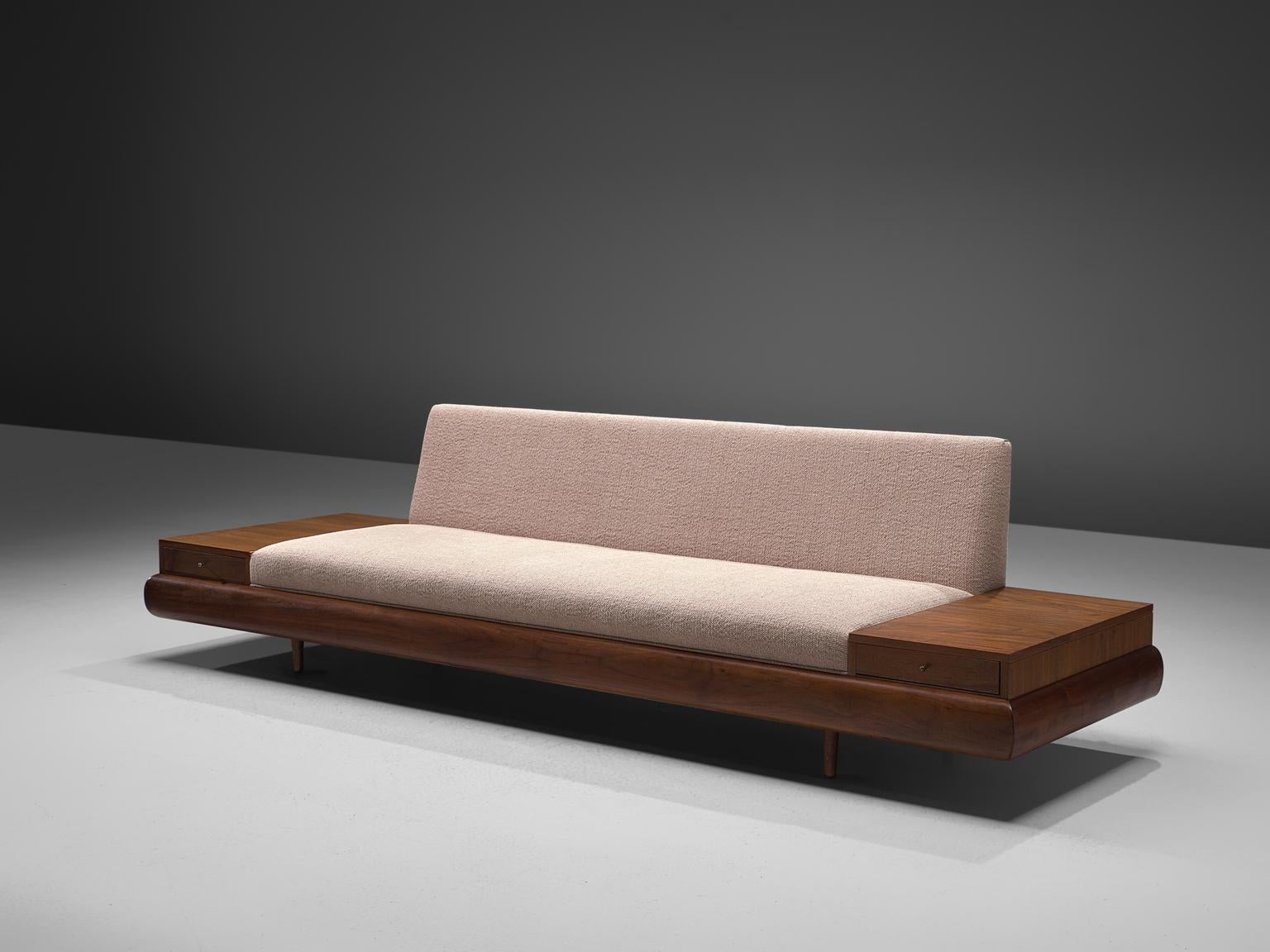 Adrian Pearsall, 'Platform' sofa with two drawers, fabric upholstery, walnut, United States, 1960s

Adrian Pearsall is known for his rather unique sofa designs. The '1709-S' is no exception. On a low base of a thick walnut frame rests the sofa