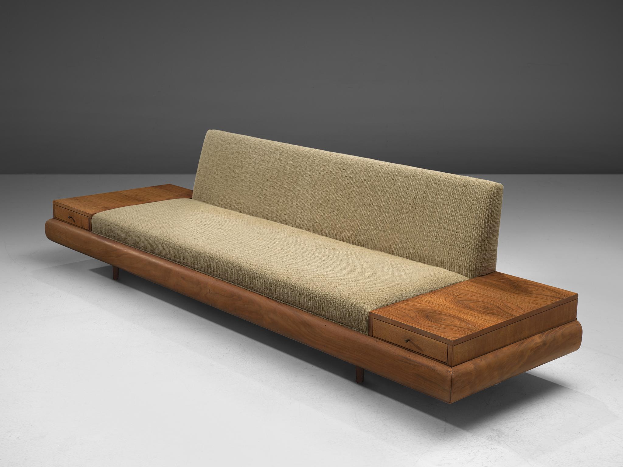 Adrian Pearsall, 'Platform' sofa, in soft green fabric and walnut, United States, 1960s

This Classic, soft shaped sofa has a unique feel and although it is straight and simplistic it also shows soft, delicate lines and shapes. The sofa has a