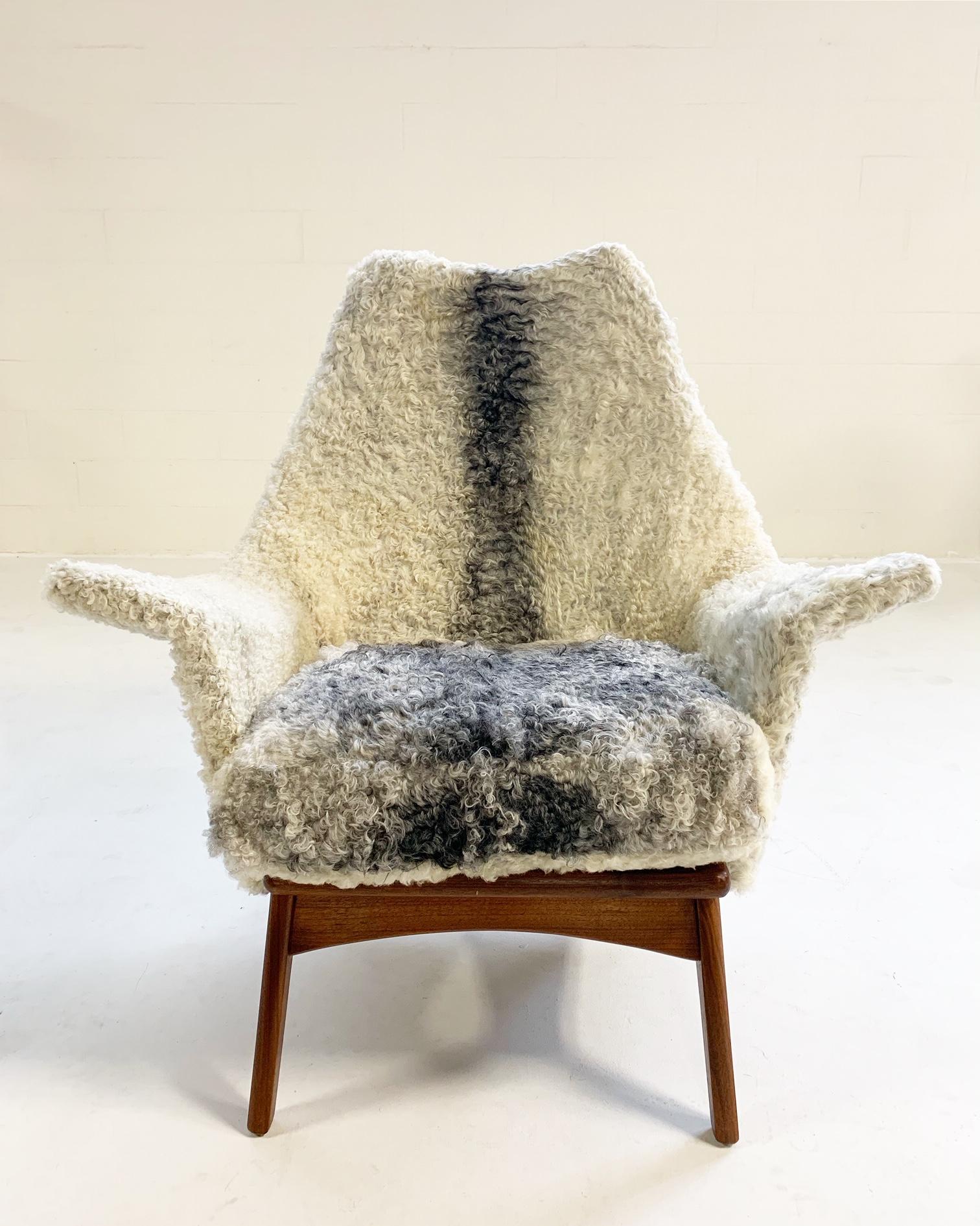 This one-of-a-kind Adrian Pearsall lounge chair is the ultimate for kicking your feet up and relaxing. We completely restored the chair down to the frame and upholstered in our Gotland sheepskins from Sweden. Rare to be found in the U.S., these