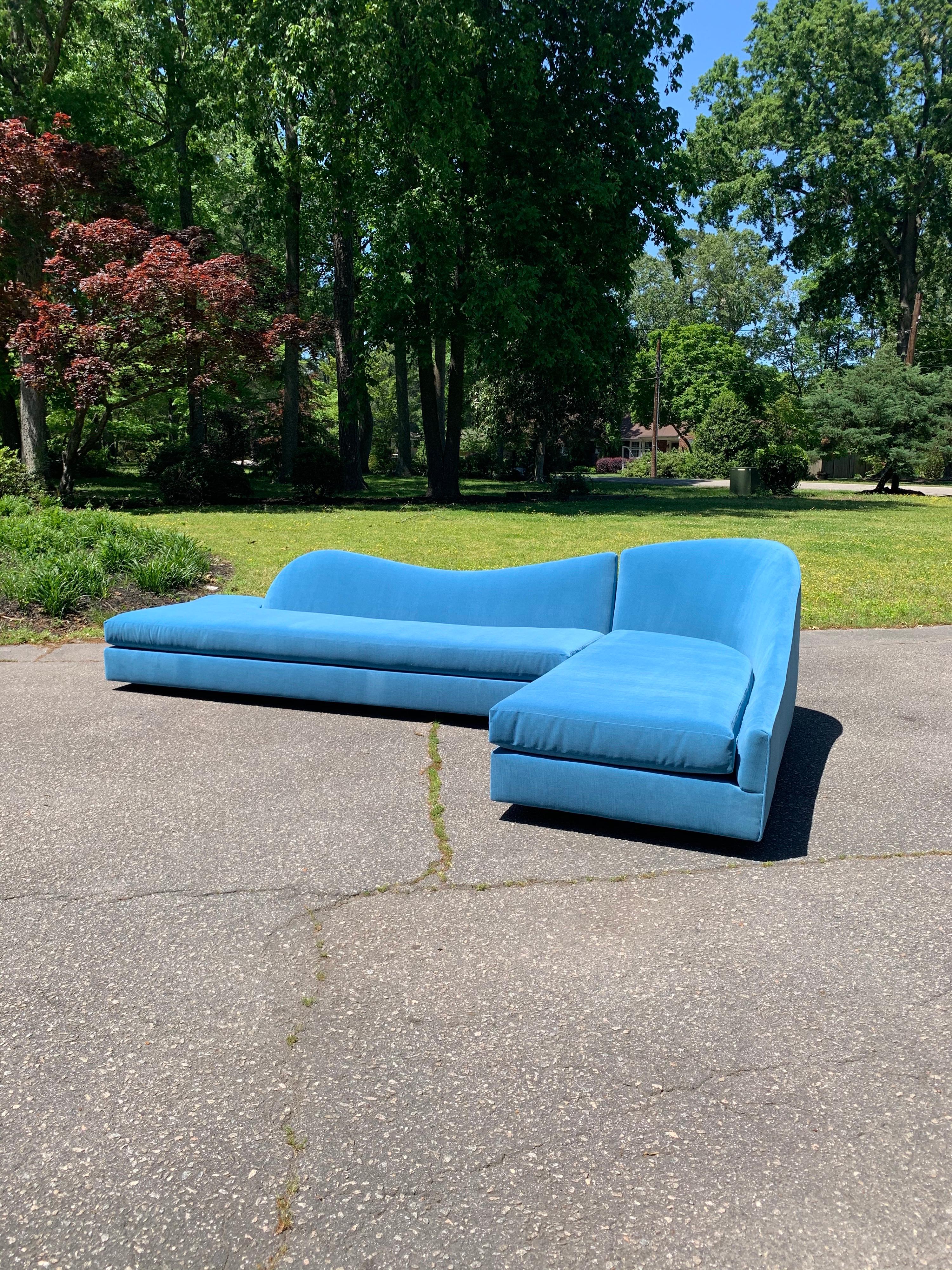 A vintage two piece L-shaped cloud sectional by Adrian Pearsall for Craft Associates. Elegant curves flow along the back. 
New cotton velvet upholstery in Atlantic Blue.

Condition:
New upholstery, foam and straps.
Firmer D36 cushioned