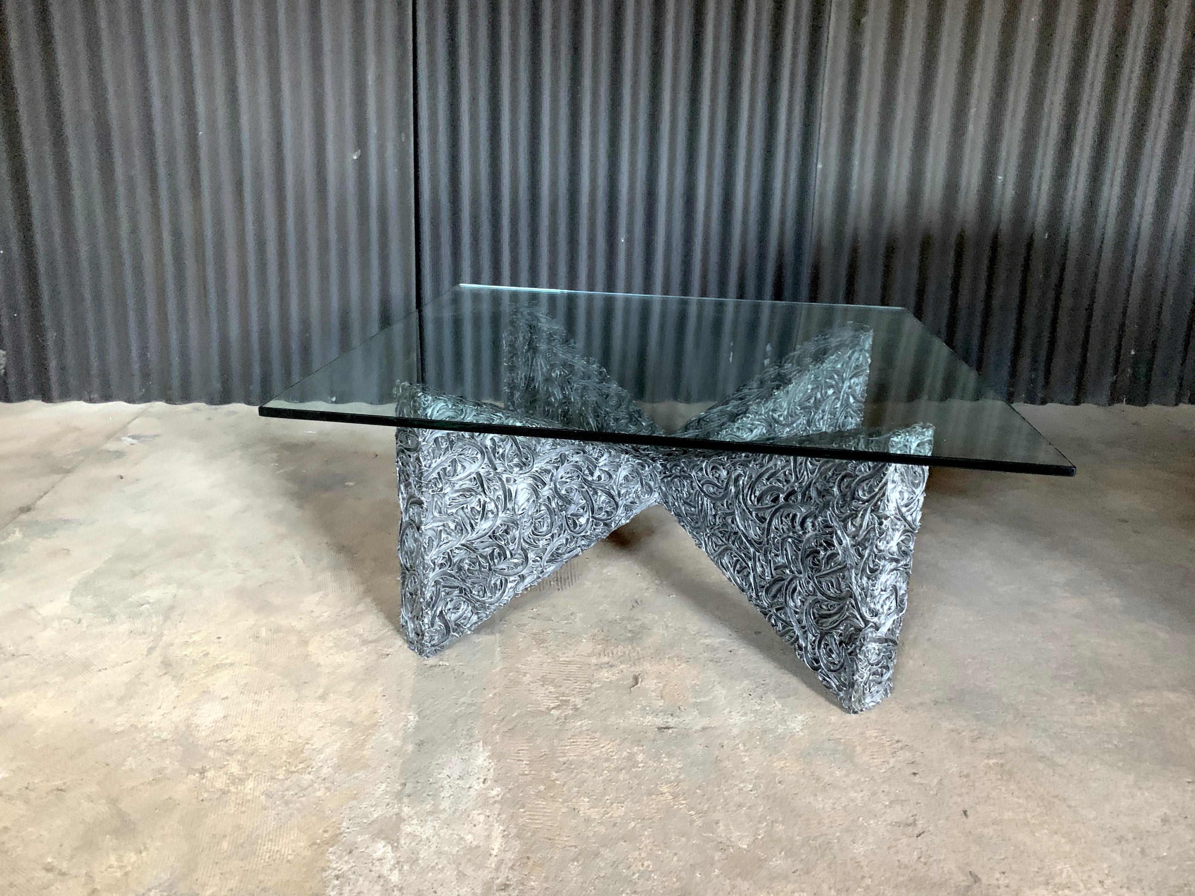 Incredible Brutalist Adrian Pearsall for Craft Associates coffee table.
Table base is in incredible condition. Cannot locate and breaks or missing resin.
Glass is 1/2