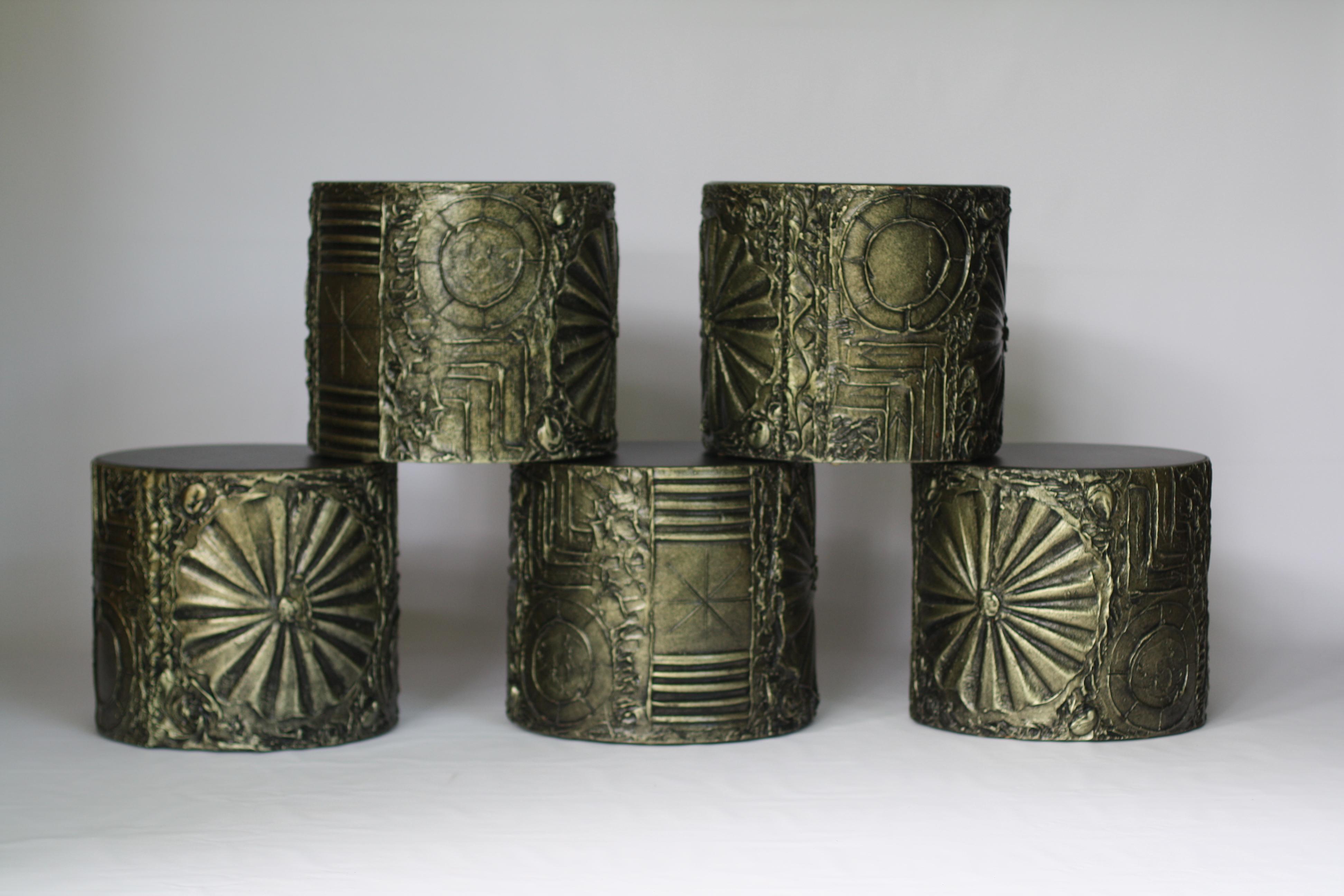 An excellent set of Adrian Pearsall for Craft Associates drum tables, up to 5 available to make a unique setting. This Brutalist series design from Adrian Pearsall mirrors Paul Evans sculpted bronze pieces. 

In excellent original condition.