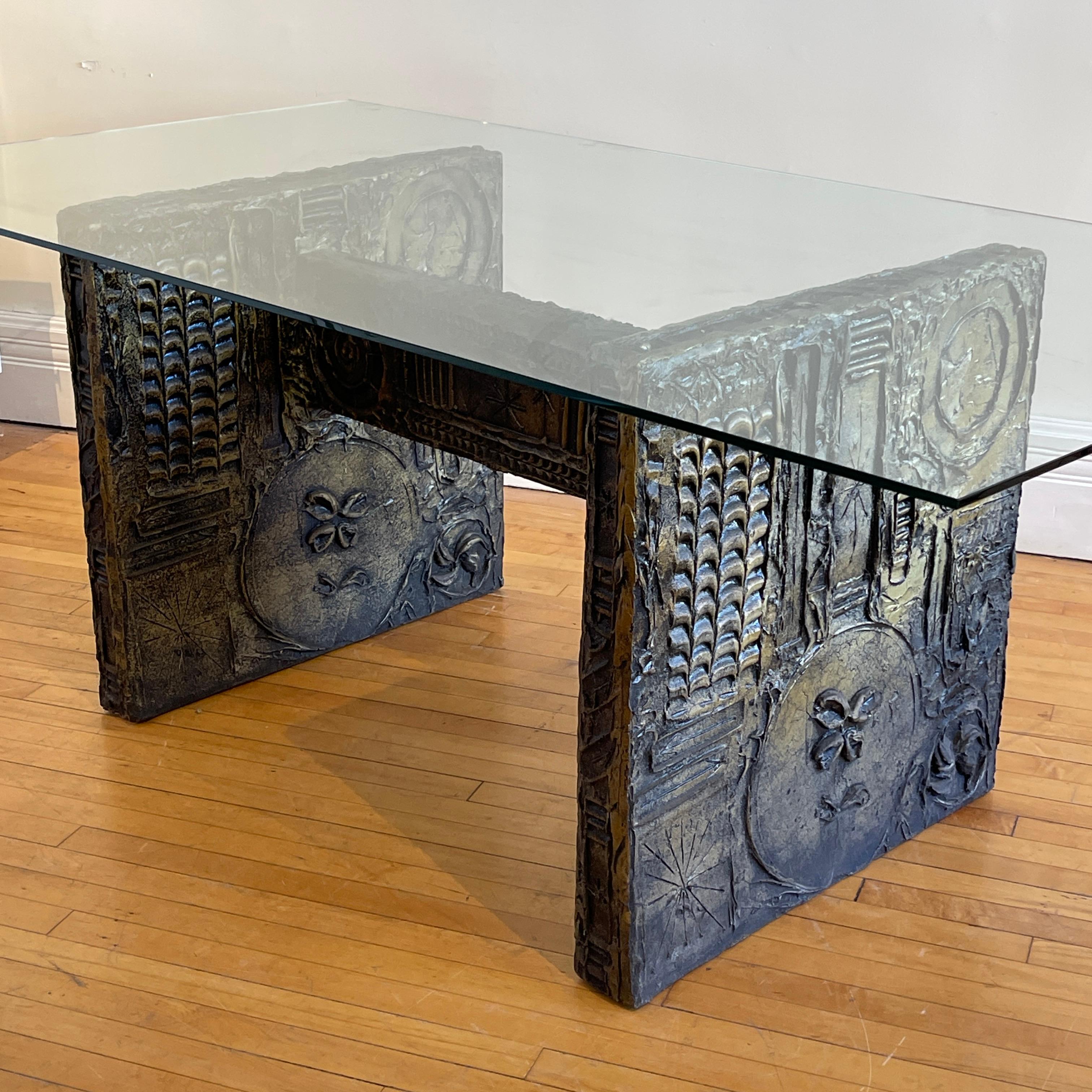 Amazing Adrian Pearsall for Craft Associates Brutalist piece in the manner of Paul Evans. Table base with glass table top. Glass table top measures 76