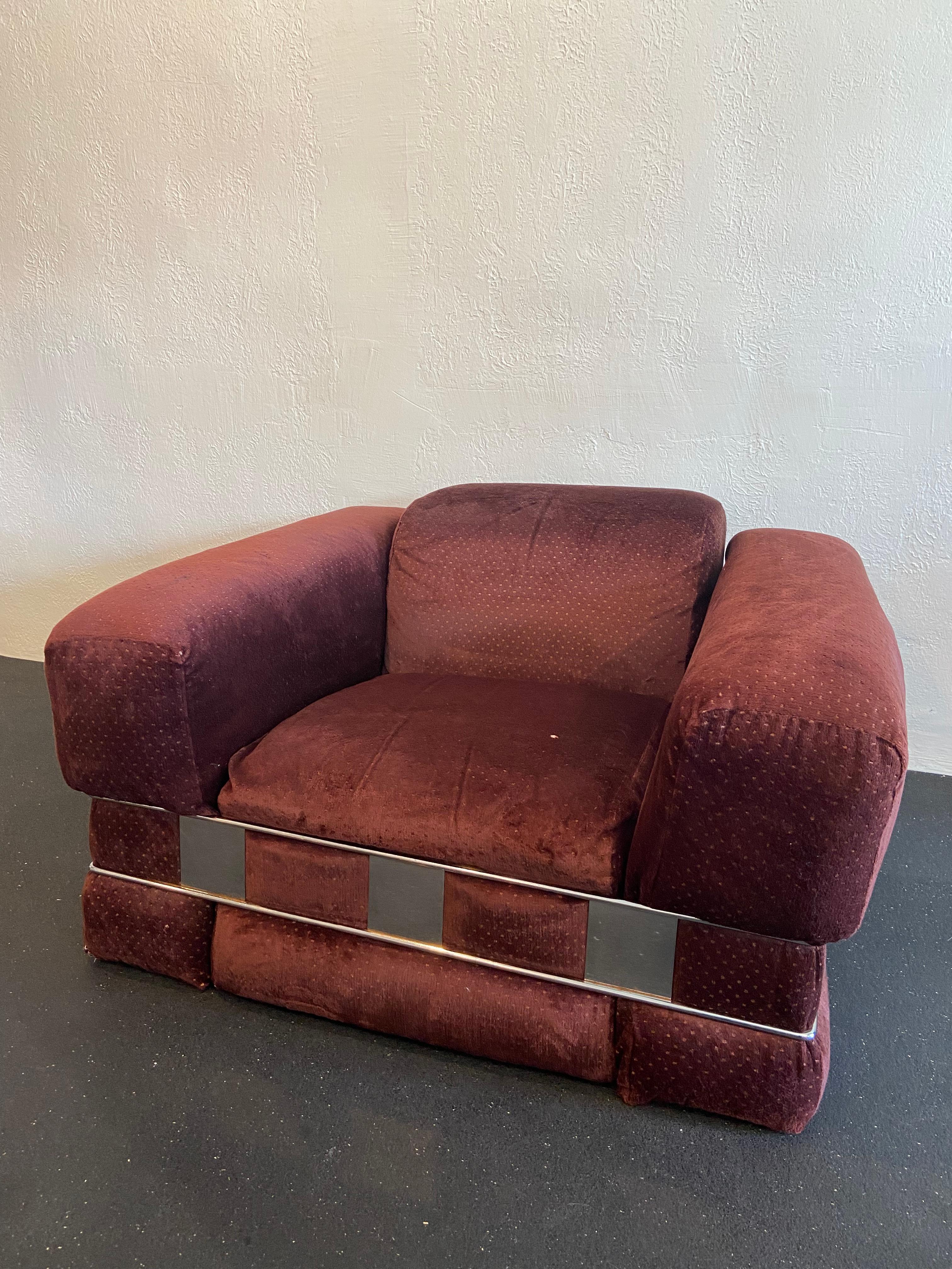 Adrian Pearsall for Craft Associates chrome caged chair. Signed. Matching sofa available in separate listing. Fabric shows signs of wear thus reupholstery is highly recommended. Oxidation/patina present in some of the crevasses of the frame. (Please
