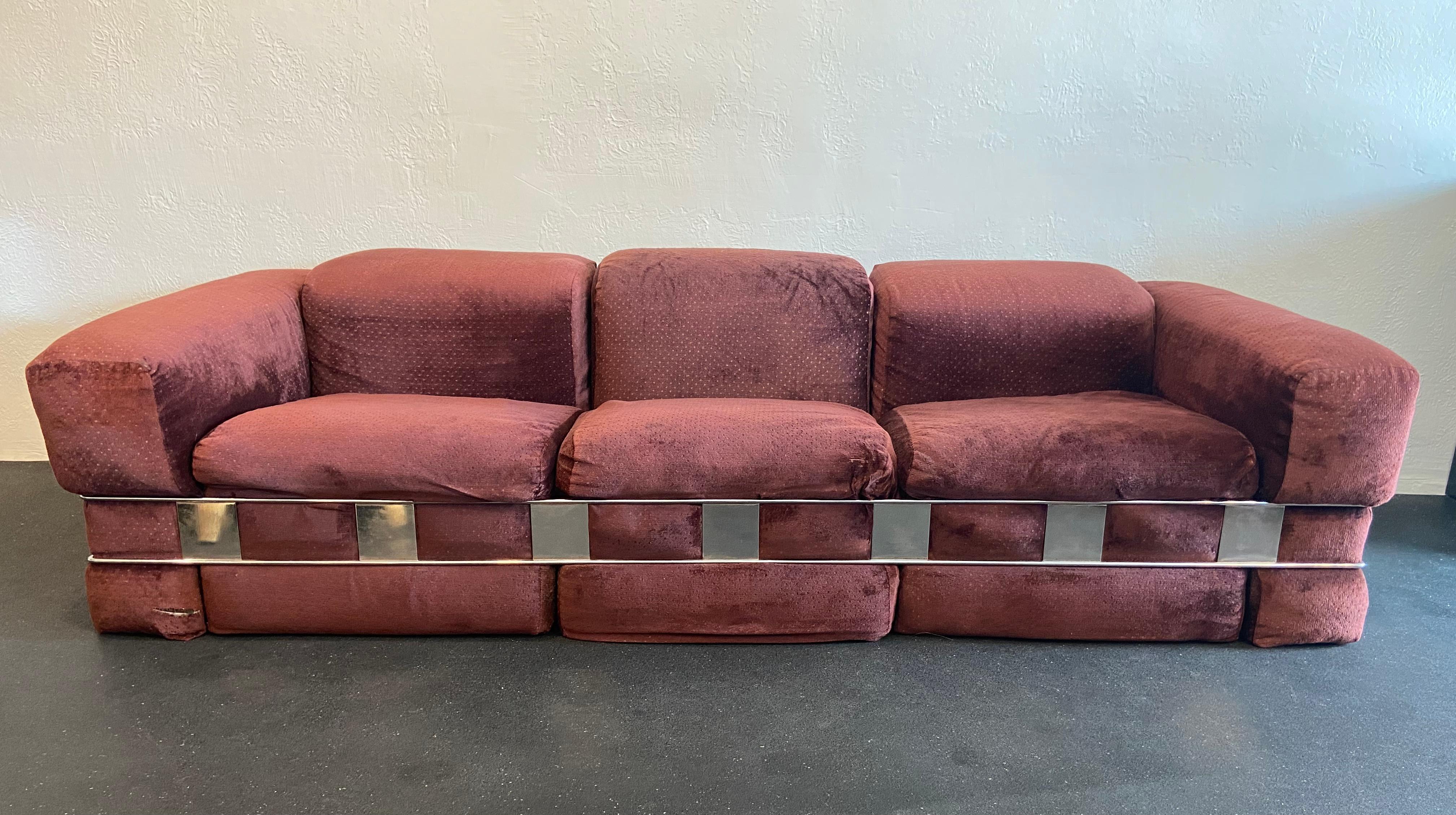 Adrian Pearsall for Craft Associates chrome caged sofa. No markings present however the matching chair (available in a separate listing) retains the original label. Fabric shows signs of wear thus reupholstery is highly recommended. Oxidation/patina