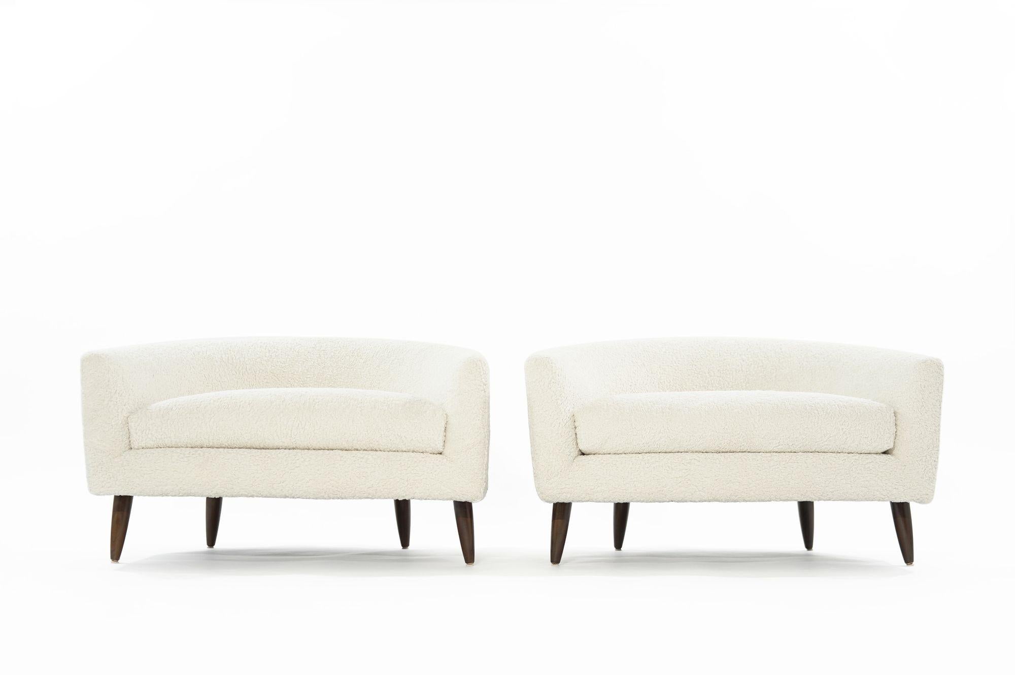 Rare pair of low and wide profile, lounge chairs designed by Adrian Pearsall for Craft Associates. Extremely comfortable! Perhaps one of Adrian's best designs. Completely restored with all insides fully updated unsing high-grade hand-cut foam, newly
