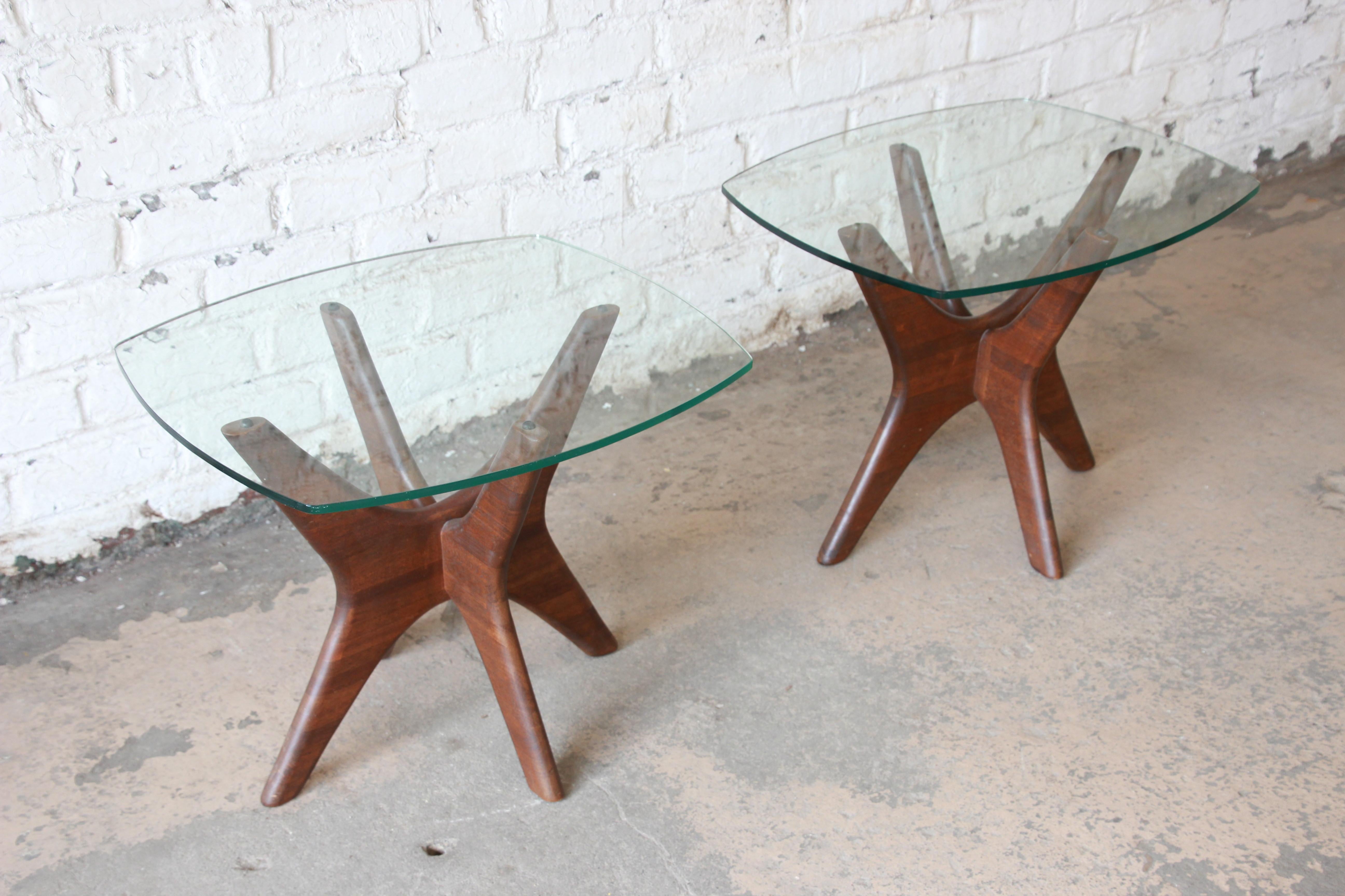 Offering an outstanding pair of Adrian Pearsall for Craft Associates 'Jacks' side tables. The table have a nice solid walnut base with curved rectangular glass tops. The joints of the base are solid and tight with the glass top being in great