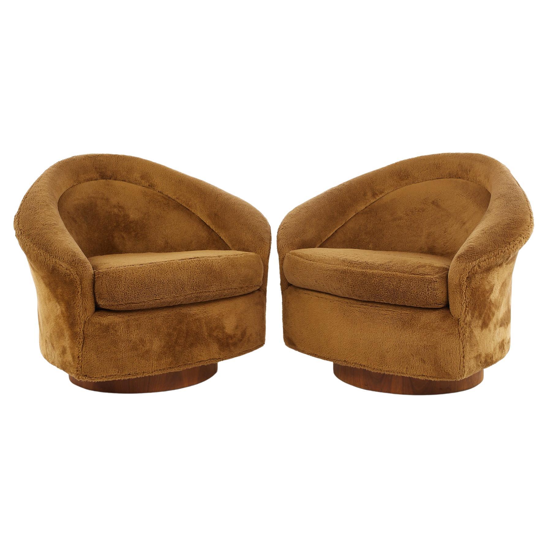 Adrian Pearsall for Craft Associates MCM Swivel Walnut Lounge Chairs, Pair