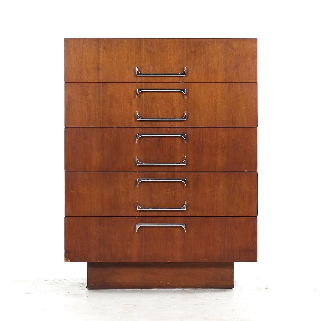 Adrian Pearsall for Craft Associates Mid Century Walnut and Chrome Highboy Dresser

This highboy measures: 38 wide x 18.5 deep x 49.5 inches high

All pieces of furniture can be had in what we call restored vintage condition. That means the piece is