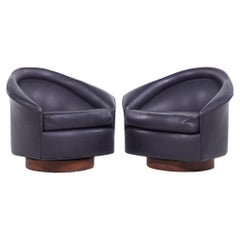 Adrian Pearsall for Craft Associates MCM Walnut Base Swivel Lounge Chairs - Pair