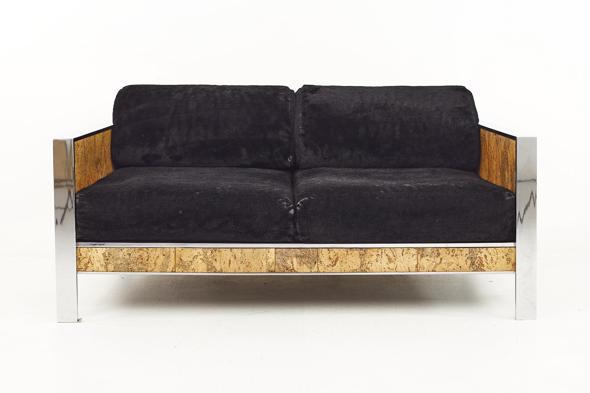 Adrian Pearsall for Craft Associates mid century cork and chrome settee

The settee measures: 57.5 wide x 35.5 deep x 27.5 high, with a seat height of 16 inches and arm height of 22 inches

Ready for new upholstery. This service is available for
