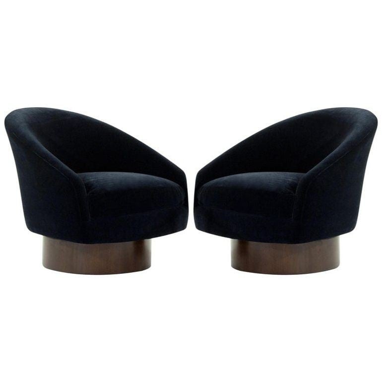 Adrian Pearsall for Craft Associates Swivel Chairs in Deep Blue Mohair, C. 1950s