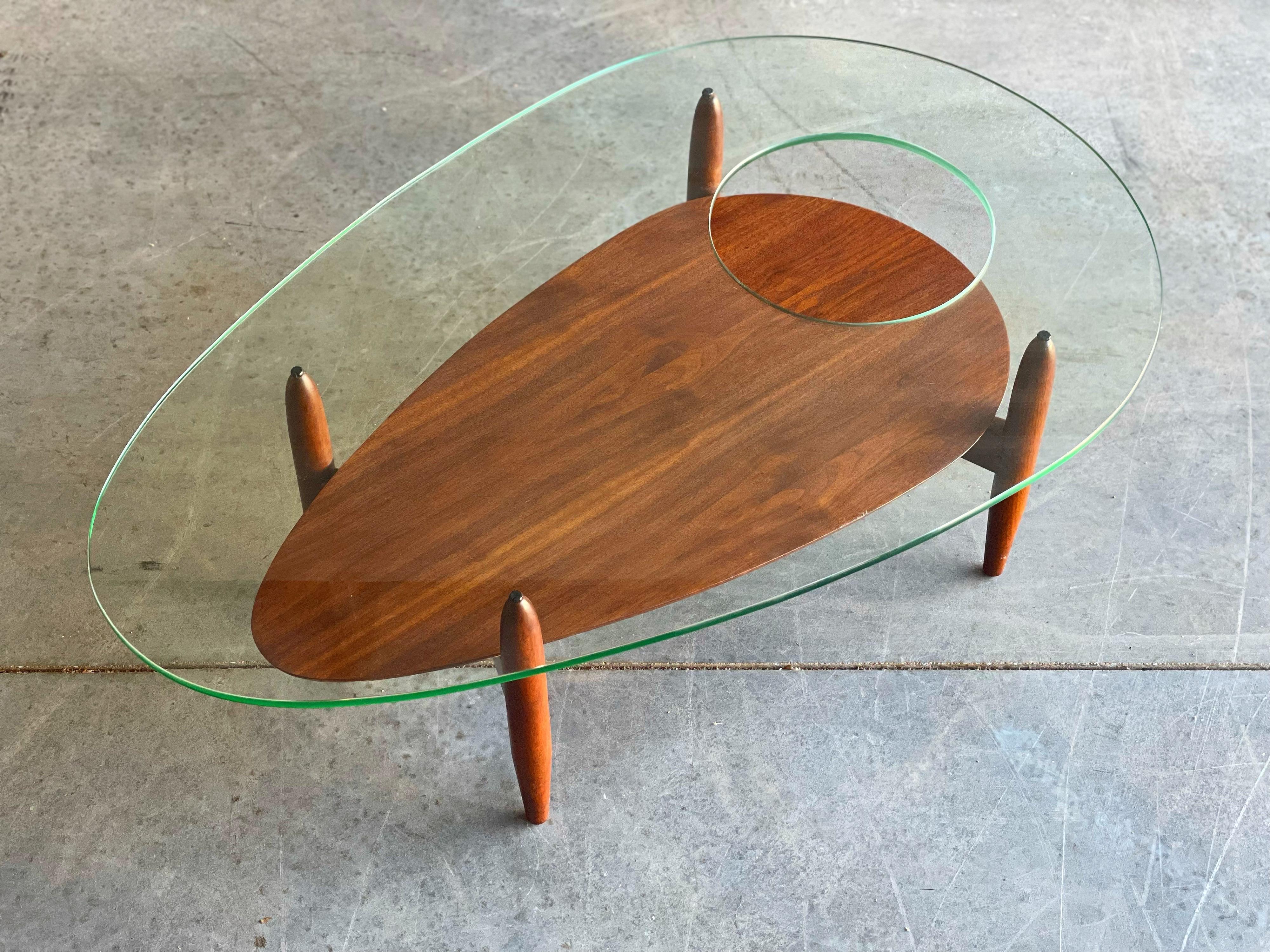 Seldom seen teardrop coffee table Model R2077-TGT by Adrian Pearsall for Craft Associates. 
Original glass with cutout - 12