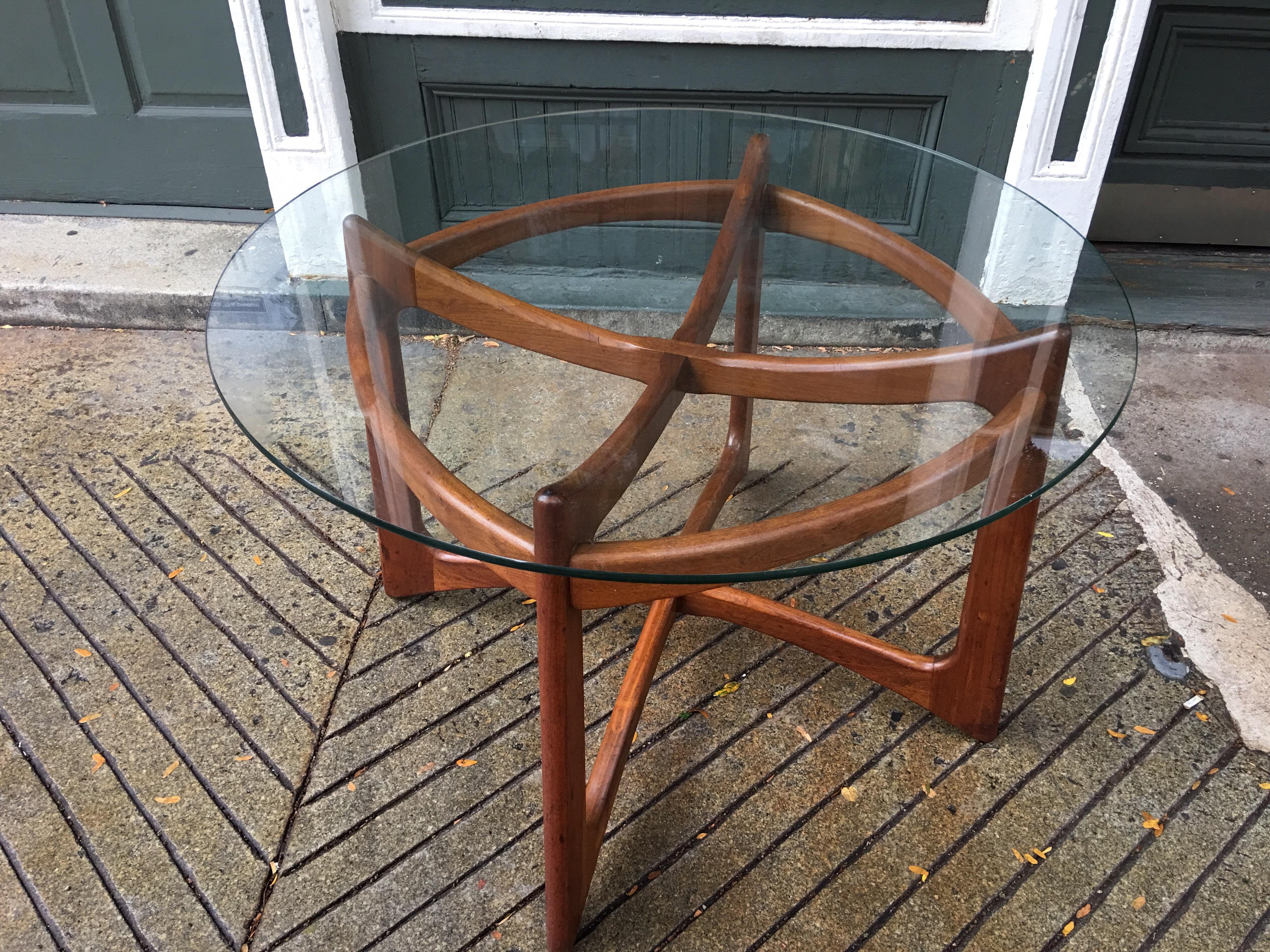 Round glass and walnut Adrian Pearsall for Craft Associates table. Sculptural skeleton base construction!