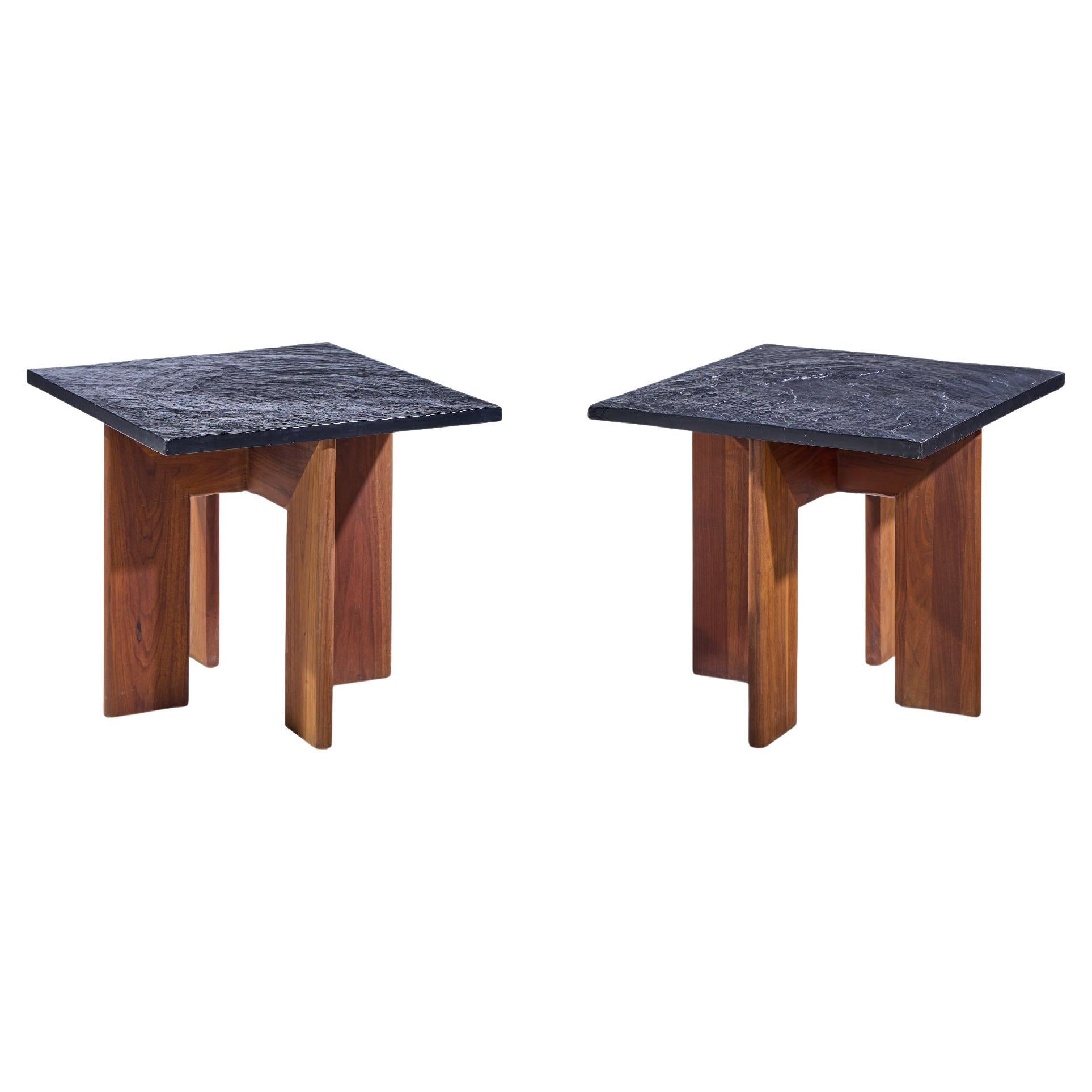 Adrian Pearsall for Craft Associates Walnut and Slate Top Side Tables - Pair