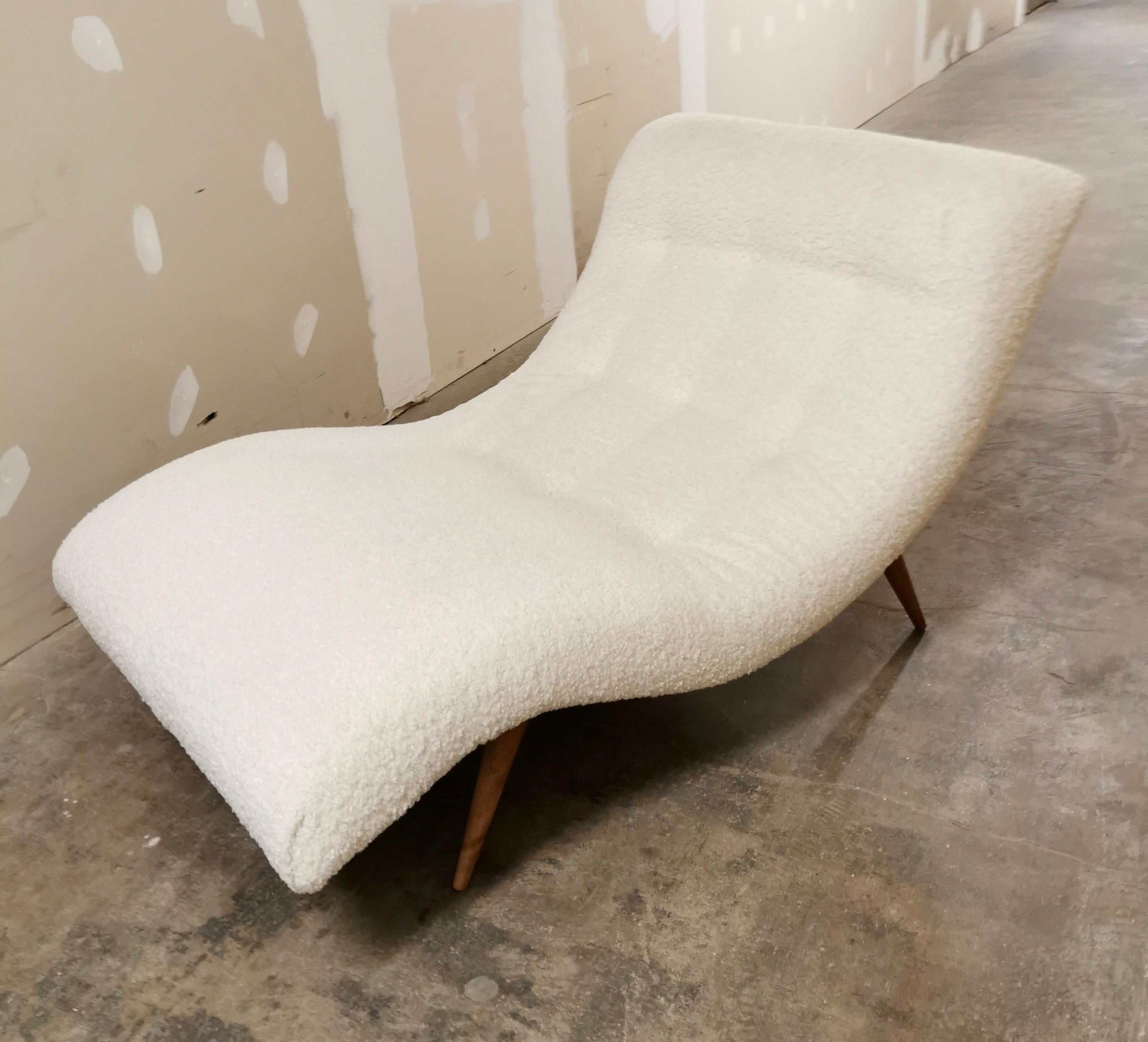 Iconic Adrian Pearsall for Craft Associates Wave chaise with new boucle shearling fabric. Incredibly comfortable. Great lines and better scale - all dimensions below. Now, more that ever, home is where the heart is.