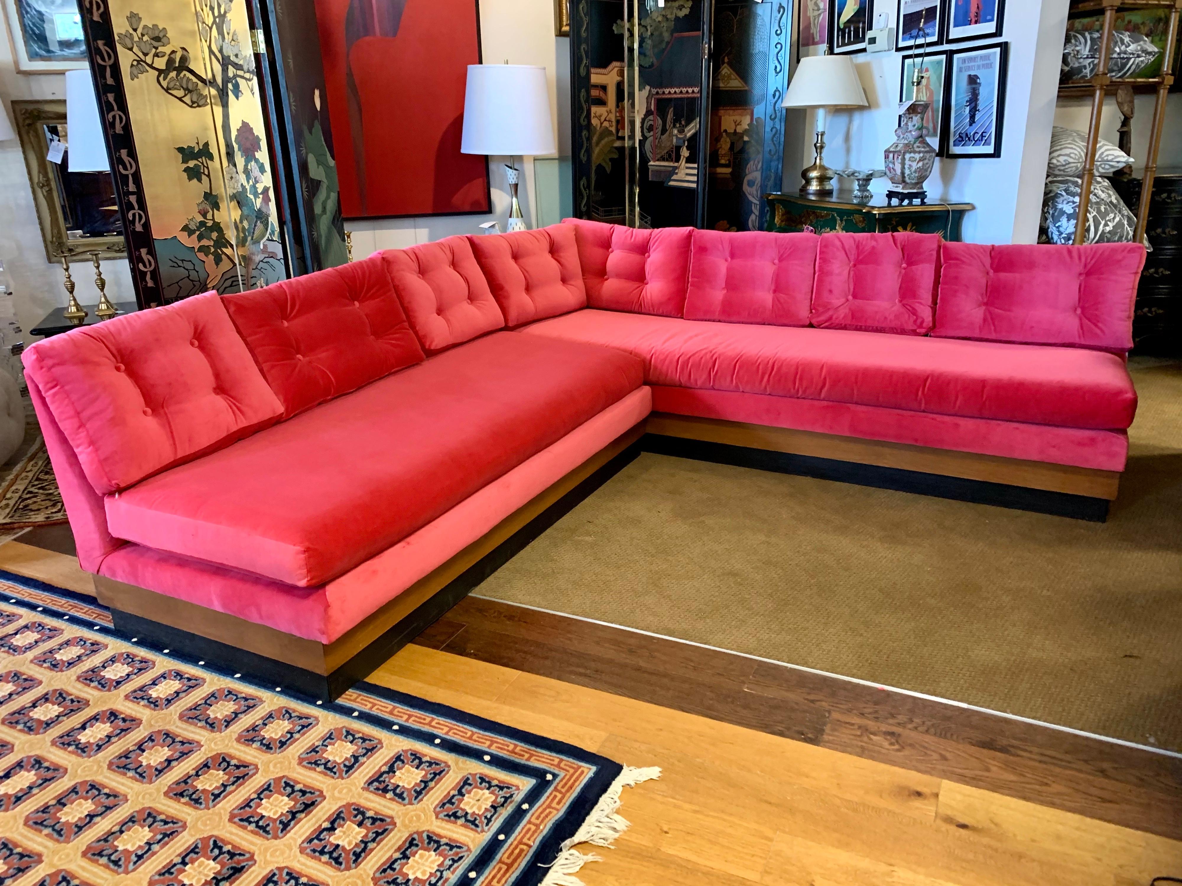 Authentic Adrian Pearsall pieces are some of his most dramatic creations. They also need space!

Magnificent and coveted signed Adrian Pearsall for Craft Associates sofa with walnut floating plinth extending all around. It has been newly