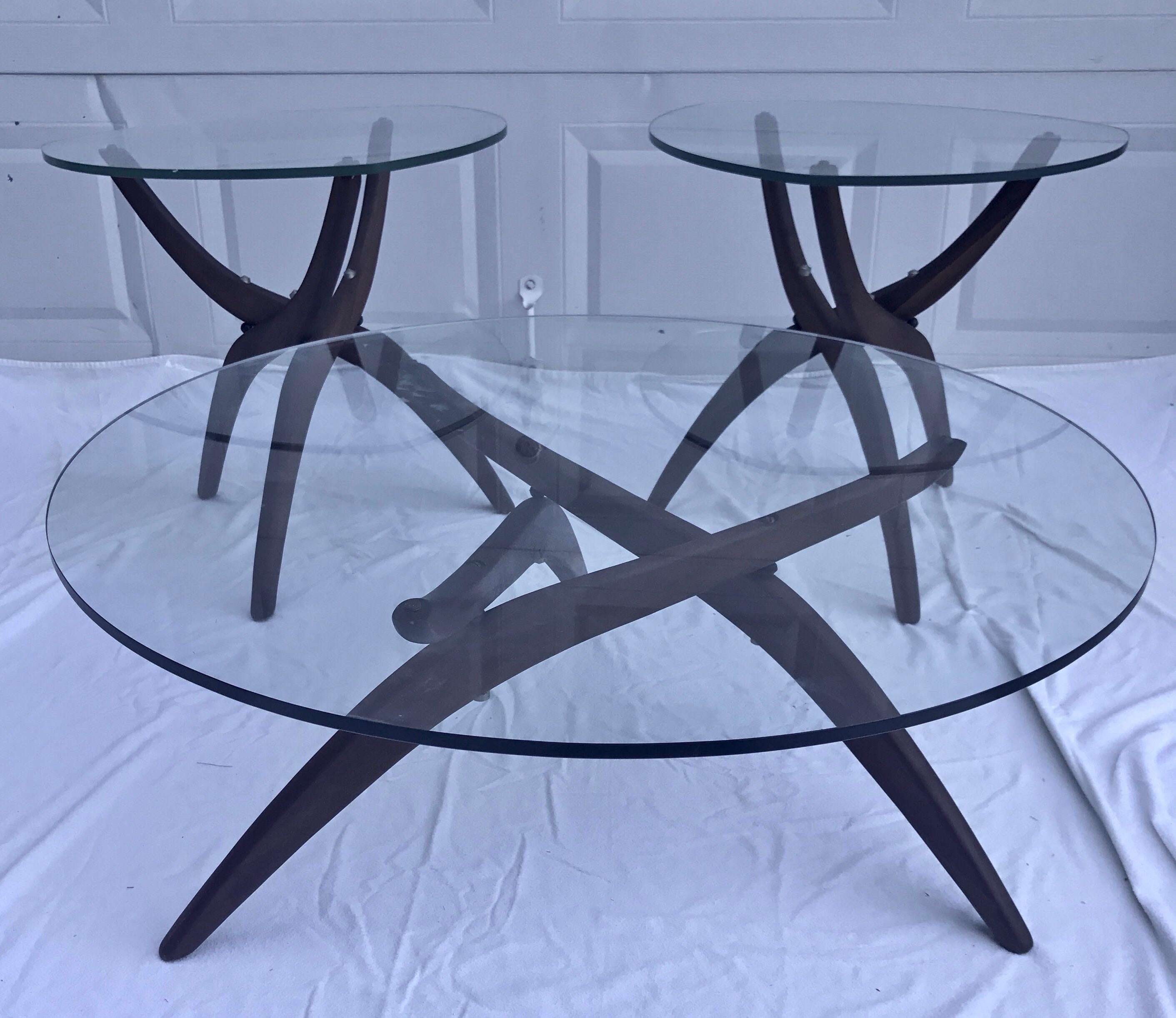 Coveted set of three Pearsall inspired side tables (2) and matching cocktail table.