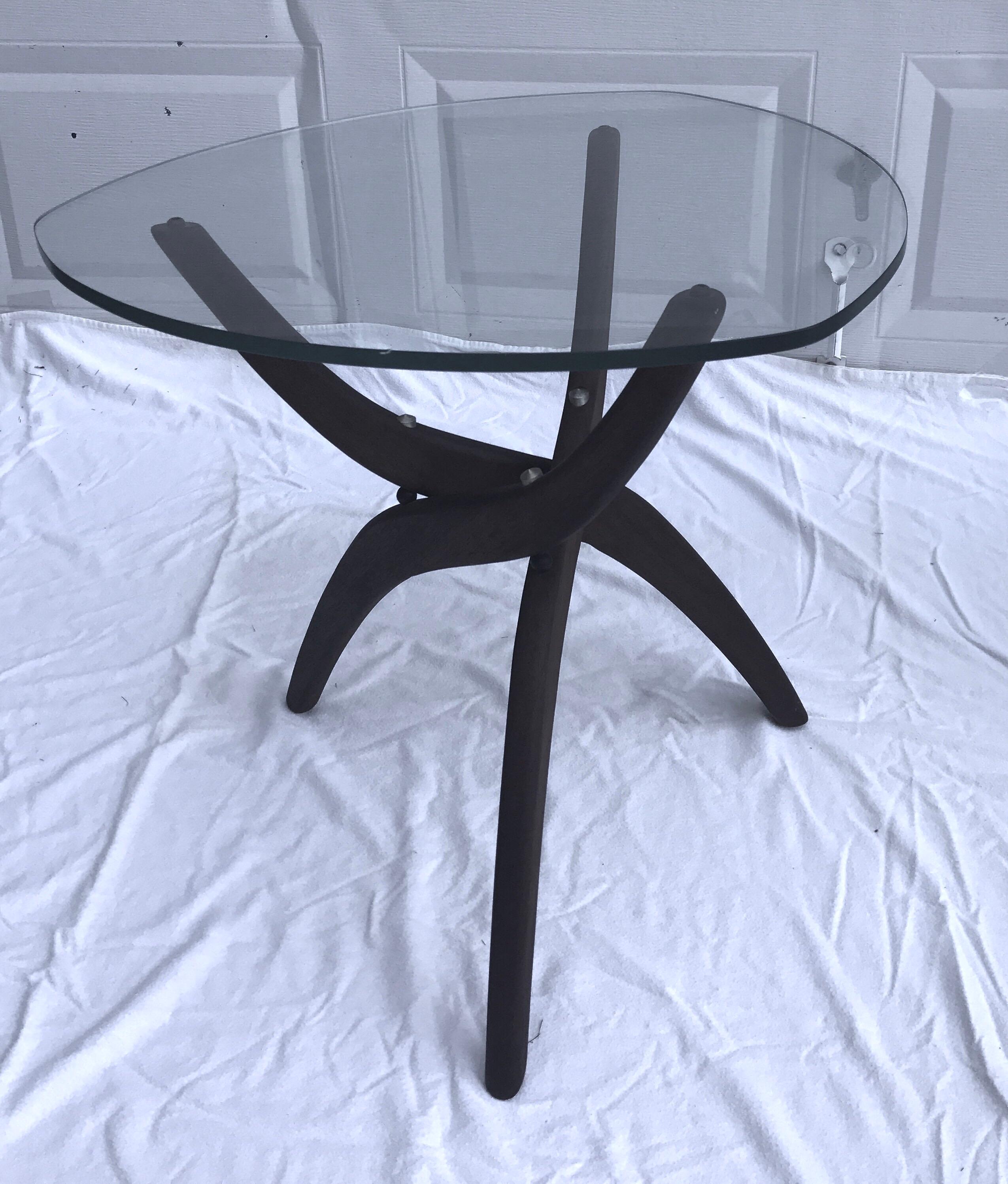 Adrian Pearsall Glass and Walnut Tripod Coffee Table, Pair End Tables Three Pcs In Good Condition In West Hartford, CT