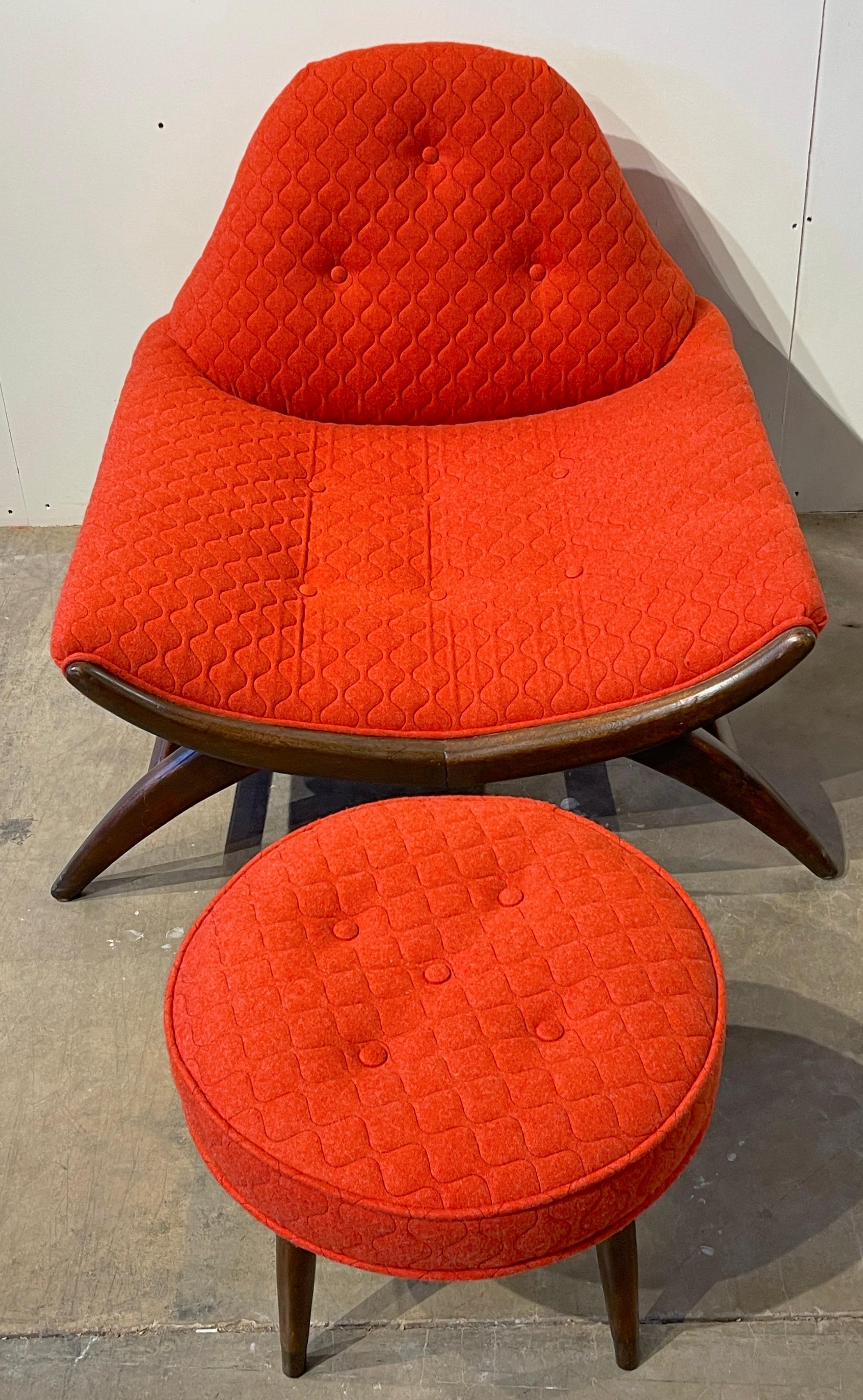 Adrian Pearsall Gondola club chair & ottoman, Newly Upholstered 
USA, Circa 1960s

A rare offering of the iconic Gondola Club Chair, and complimentary round ottoman/stool both designed by Adrian Pearsall. 
Displaying a combination of sculptural