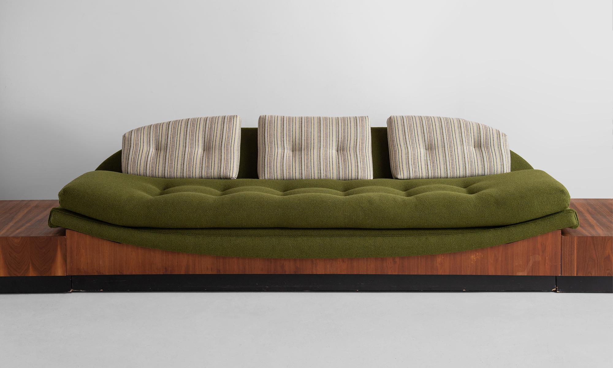 Adrian Pearsall Gondola sofa, circa 1960.

Newly upholstered in Maharam fabric on original walnut veneer base with side tables.