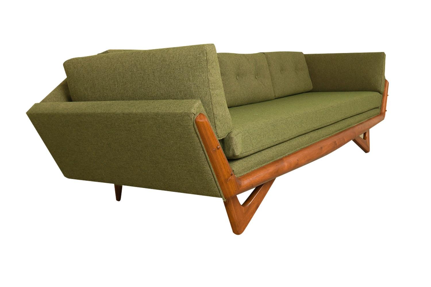 Mid-century modern stunning, beautiful, high-quality long gondola walnut framed sofa model 2640-S, designed by Adrian Pearsall for Craft Associates. In new upholstery fabric and high-density foam. An exceptional sofa both for its form and quality,