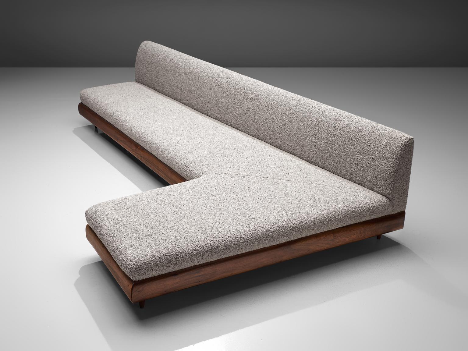 Adrian Pearsall, 'Boomerang' sofa, in Pierre Frey fabric and walnut, United States, 1960s

This boomerang sofa has a unique shape with sinuous lines which create a monumental and inviting look. The sofa is a great addition to a living area or