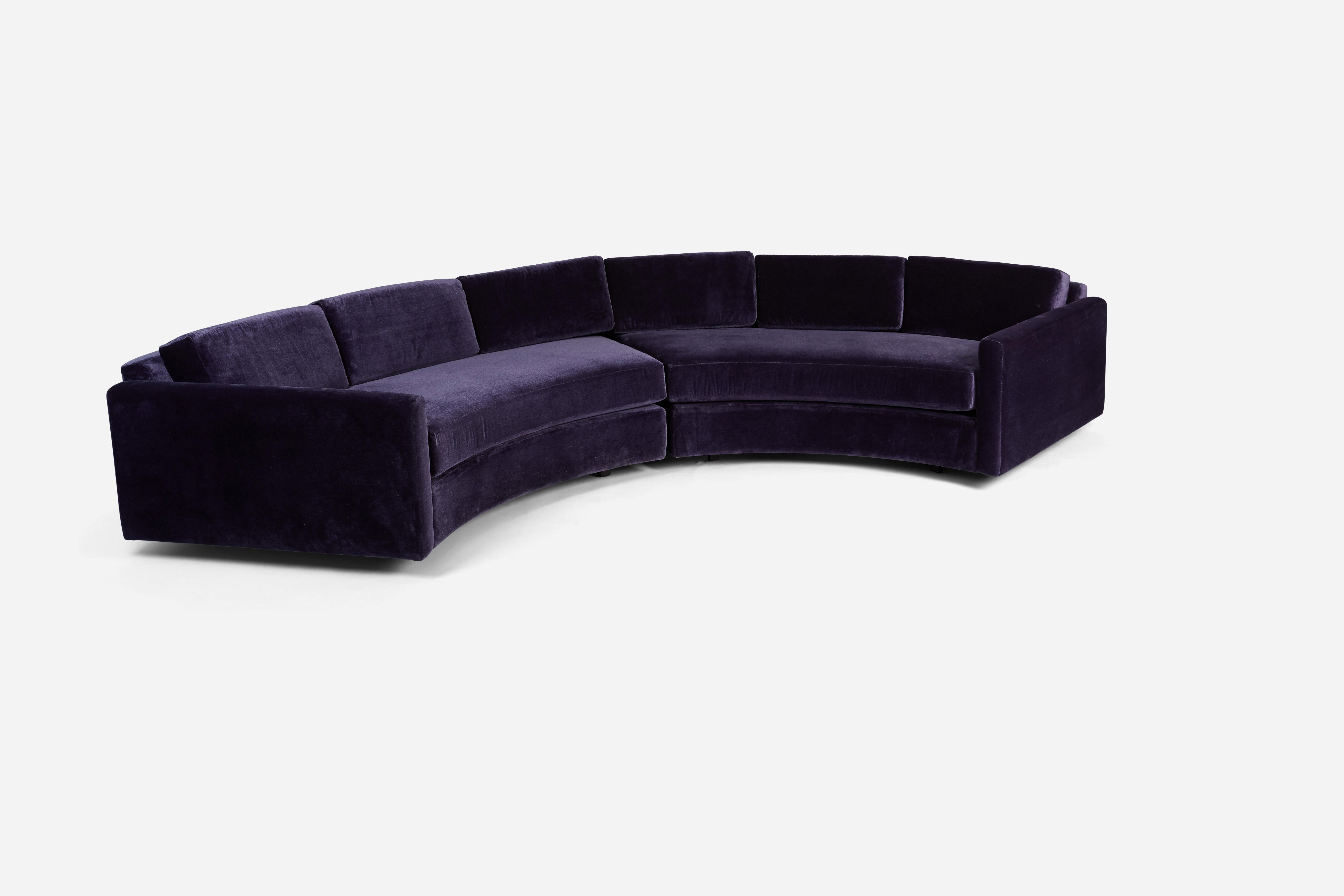 Rounded semi-circle sofa by Adrian Pearsall. Fully restored and reupholstered in silk velvet. 2-piece sectional.