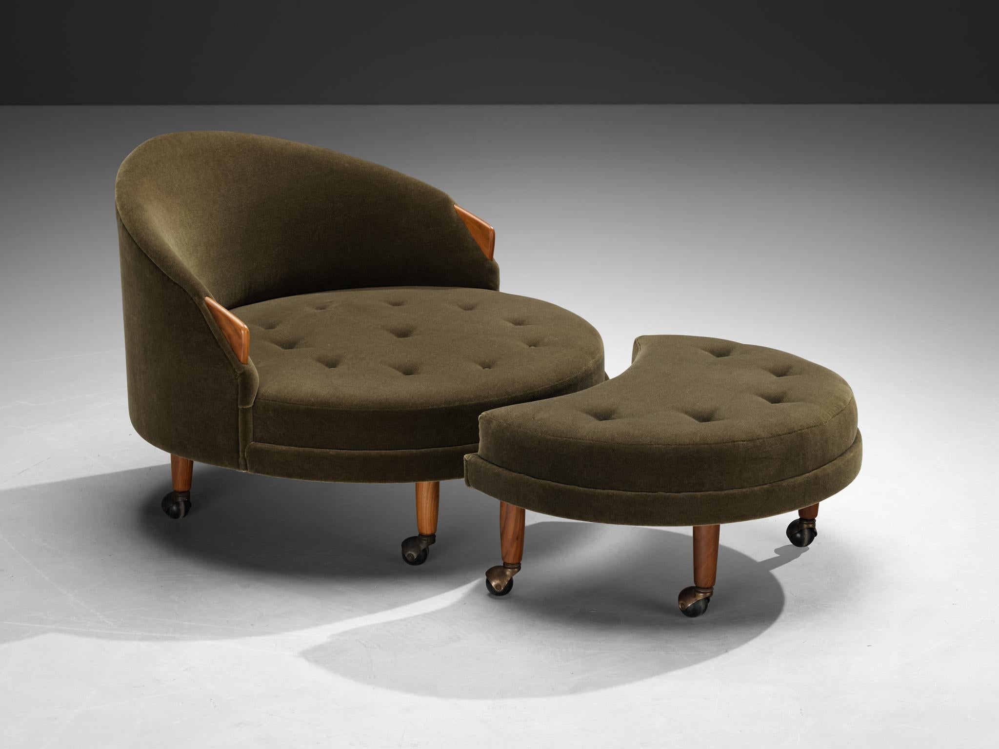 Adrian Pearsall for Craft Associates, lounge chair with ottoman, model 1717-RC and 1841-O, fabric by Pierre Frey, walnut, brass, United States, 1960s 

The Havana set, designed by Adrian Pearsall, consists of a chair and matching ottoman, displaying