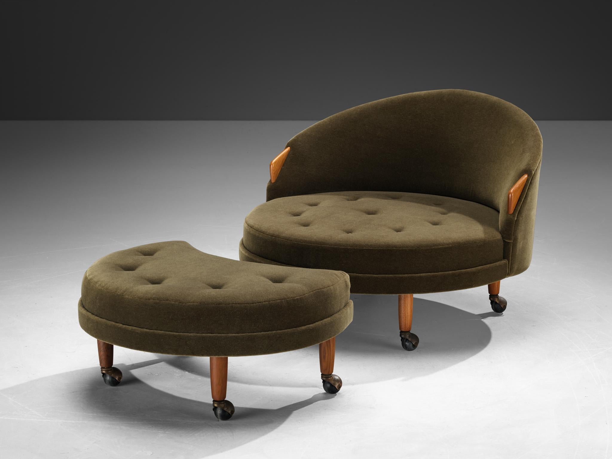 Mid-Century Modern Adrian Pearsall 'Havana' Chair with Ottoman in Olive Green Pierre Frey For Sale