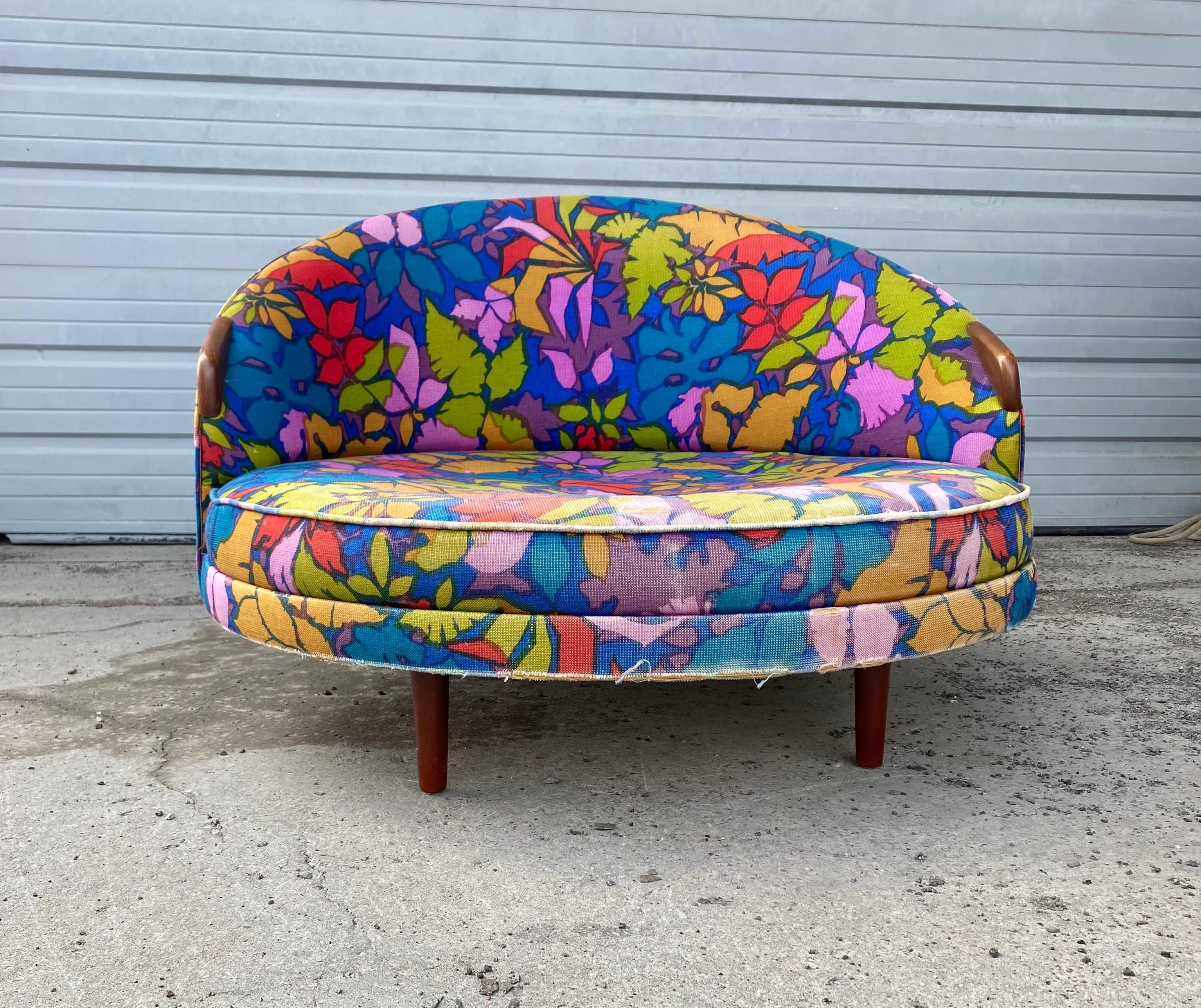 Adrian Pearsall 'HAVANA' Round Chair, with original OUTRAGEOUS Jack Lenor Larson fabric, fabric showing signs of wear. minor fading.small nickel size hole ,,