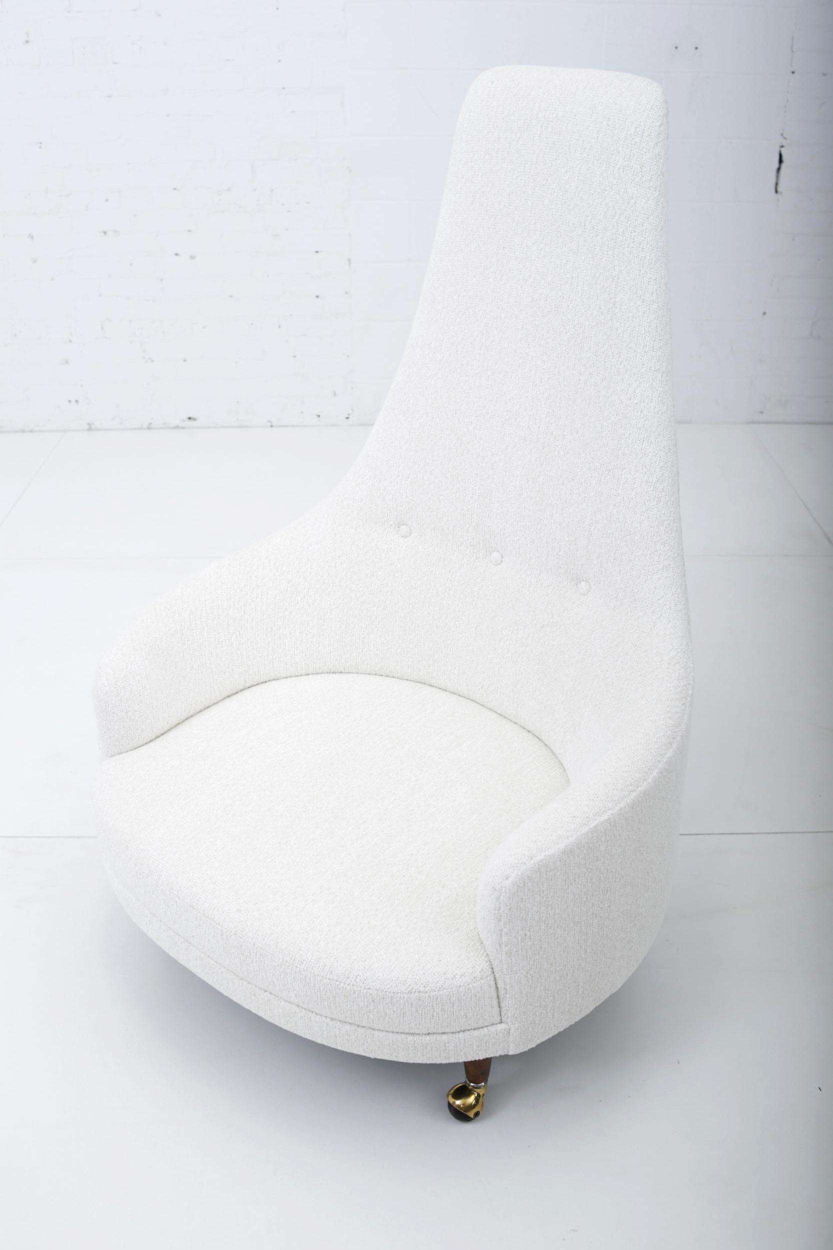 Adrian Pearsall high back lounge chair. Upholstered in white wool weave with walnut legs.