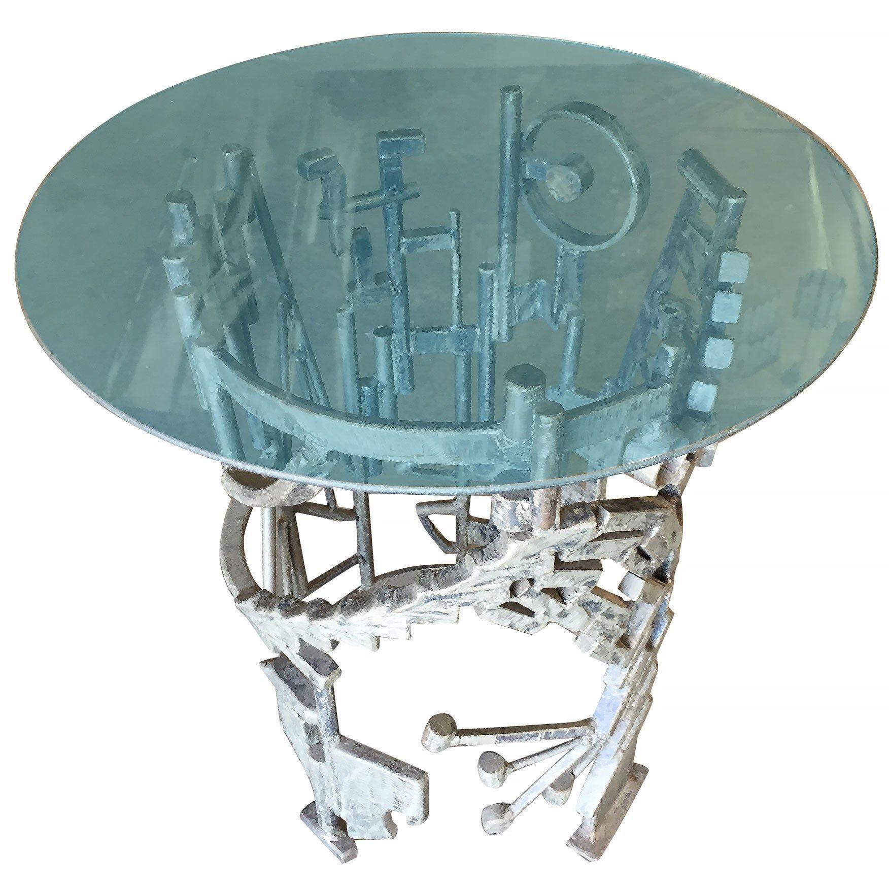 Custom-made Bespoke Brutalist pedestal side table with a mixed metal sculptural base and glass top. The table base is fashioned after the works of Adrian Pearsall, featuring a mix of flame-cut and machine-cut parts welded together into a modernist