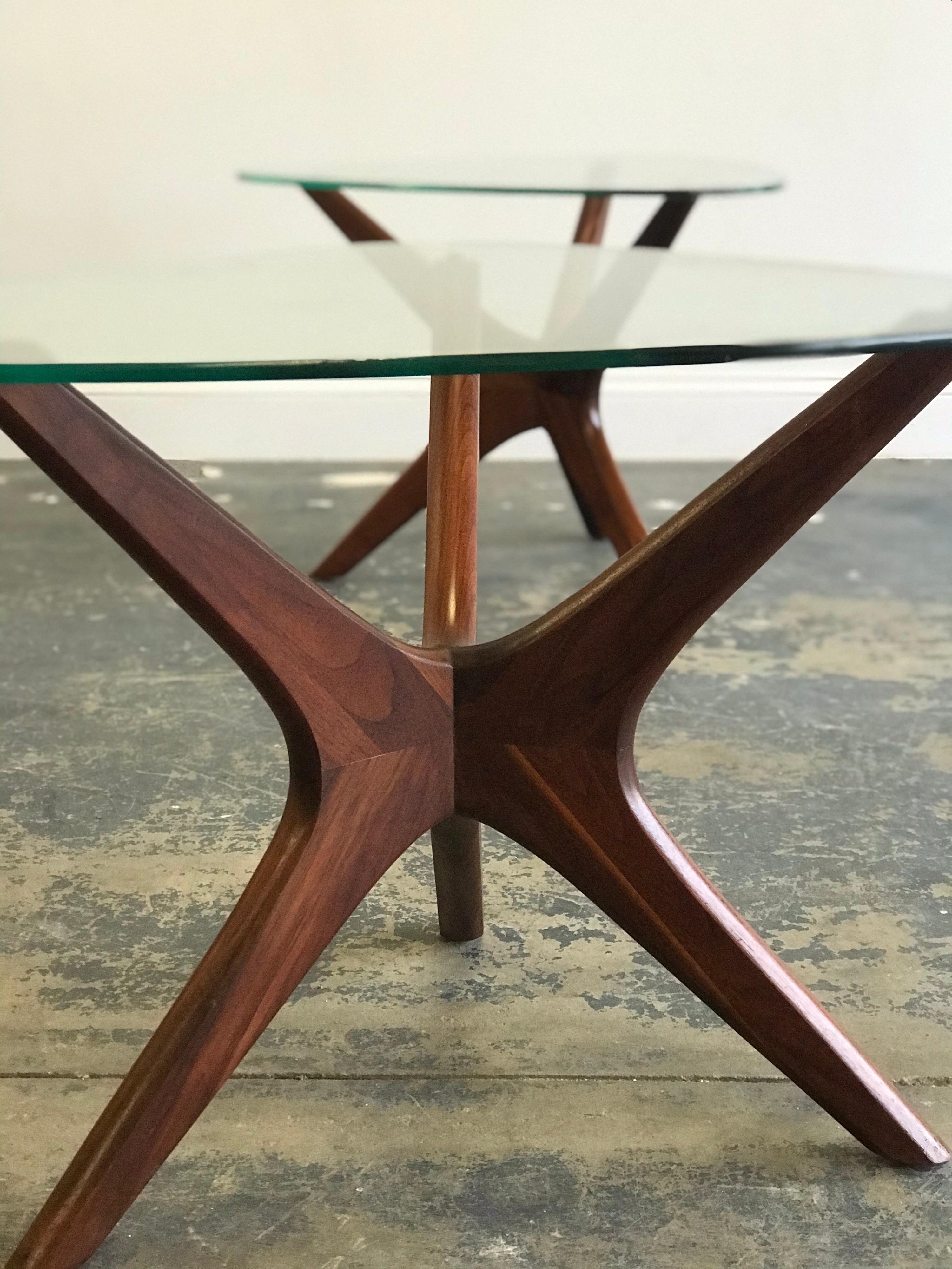 American Adrian Pearsall “Jacks” End Tables, Walnut and Glass