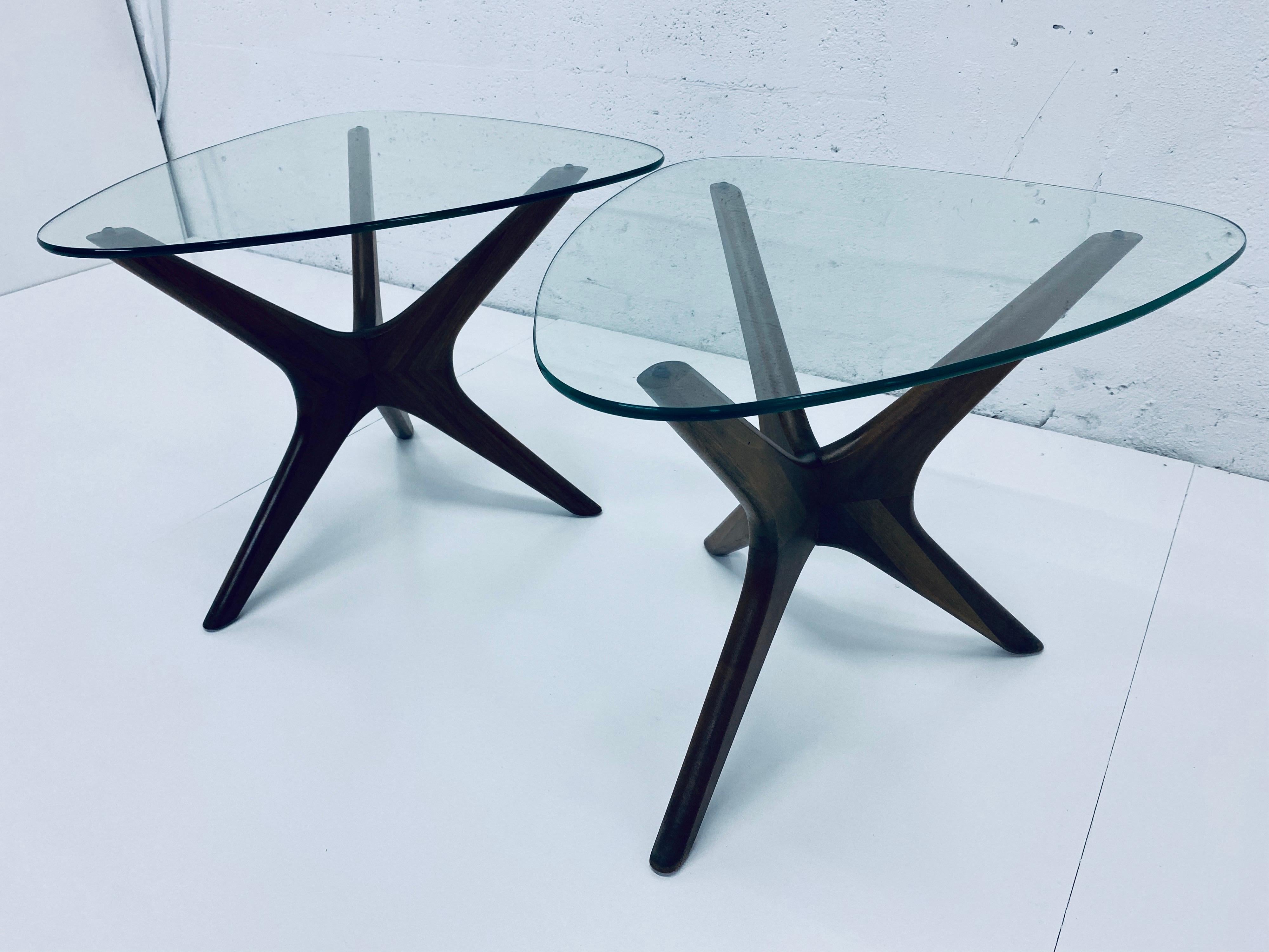 Pair of Mid-Century Modern walnut side tables with glass tops designed by Adrian Pearsall for Craft Associates.