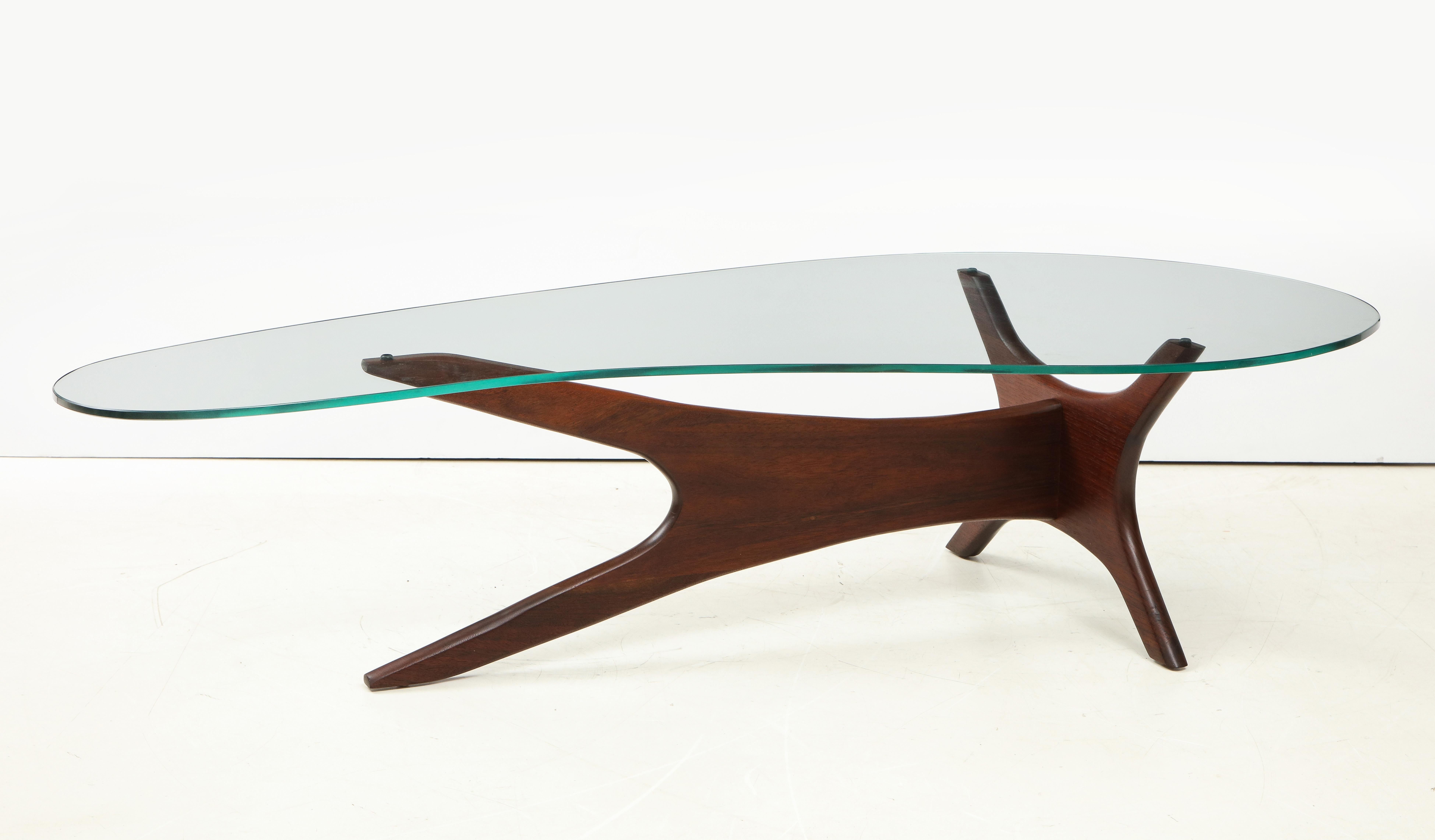 Stunning 1960s Adrian Pearsall designed for Craft Associates walnut base coffee table with kidney shape glass top.