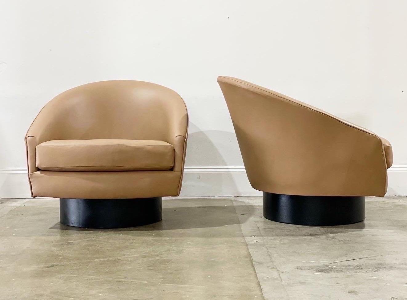 Mid-Century Modern Adrian Pearsall Leather Swivel + Tilt Rocking Chairs, Craft Associates, a Pair
