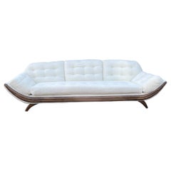 Adrian Pearsall Long Wood Gondola Party Sofa in Fresh White Tufted Fabric 1960s