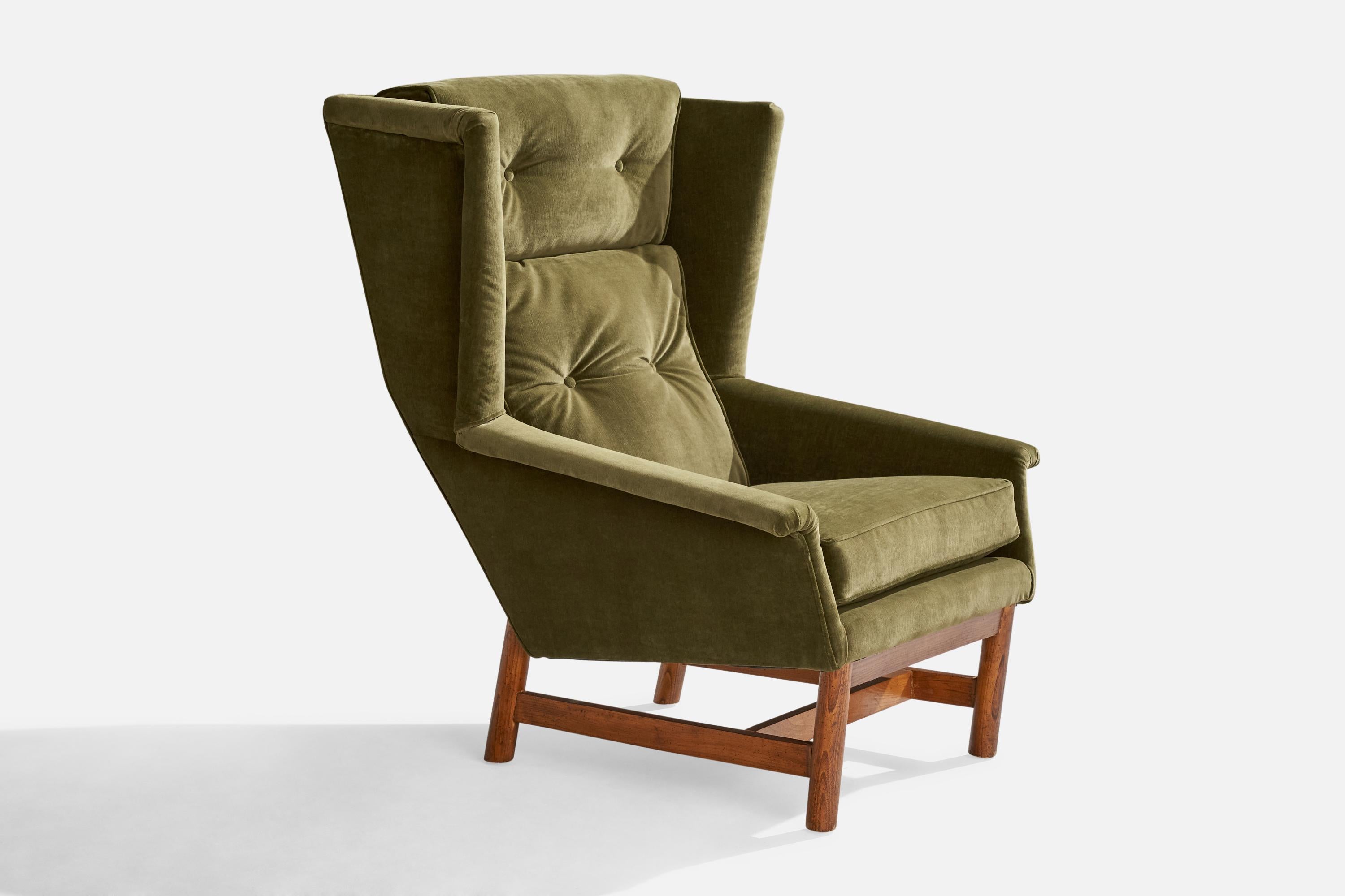 A stained oak and green velvet lounge chair attributed to Adrian Pearsall, USA, 1950s.

Reupholstered in brand new green velvet.
Seat height: 19.5”