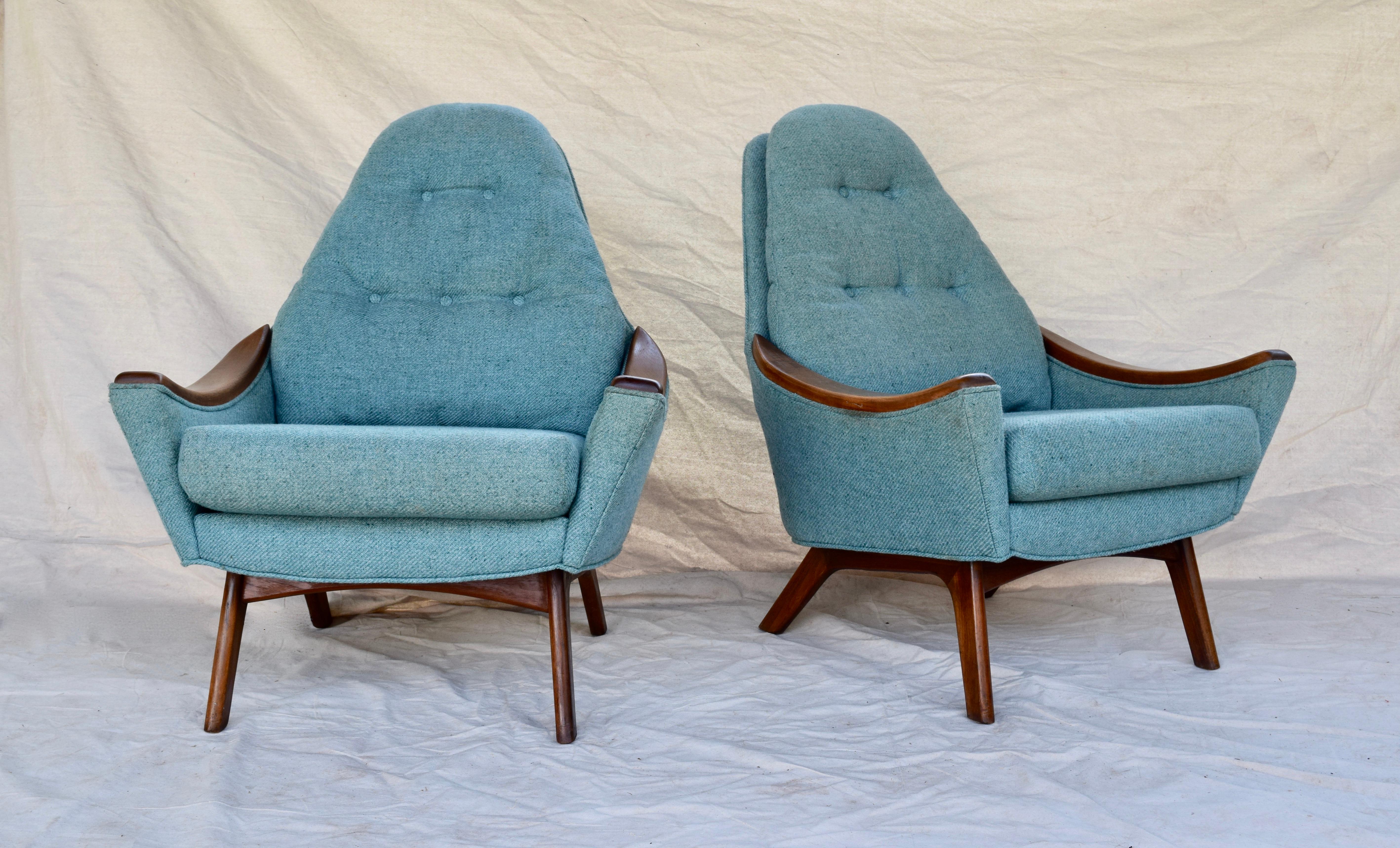 Vintage modern pair of Adrian Pearsall for Craft Associates lounge chairs with sculptural walnut swag arms and base. Solid structure with original teal upholstery in well maintained vintage condition.