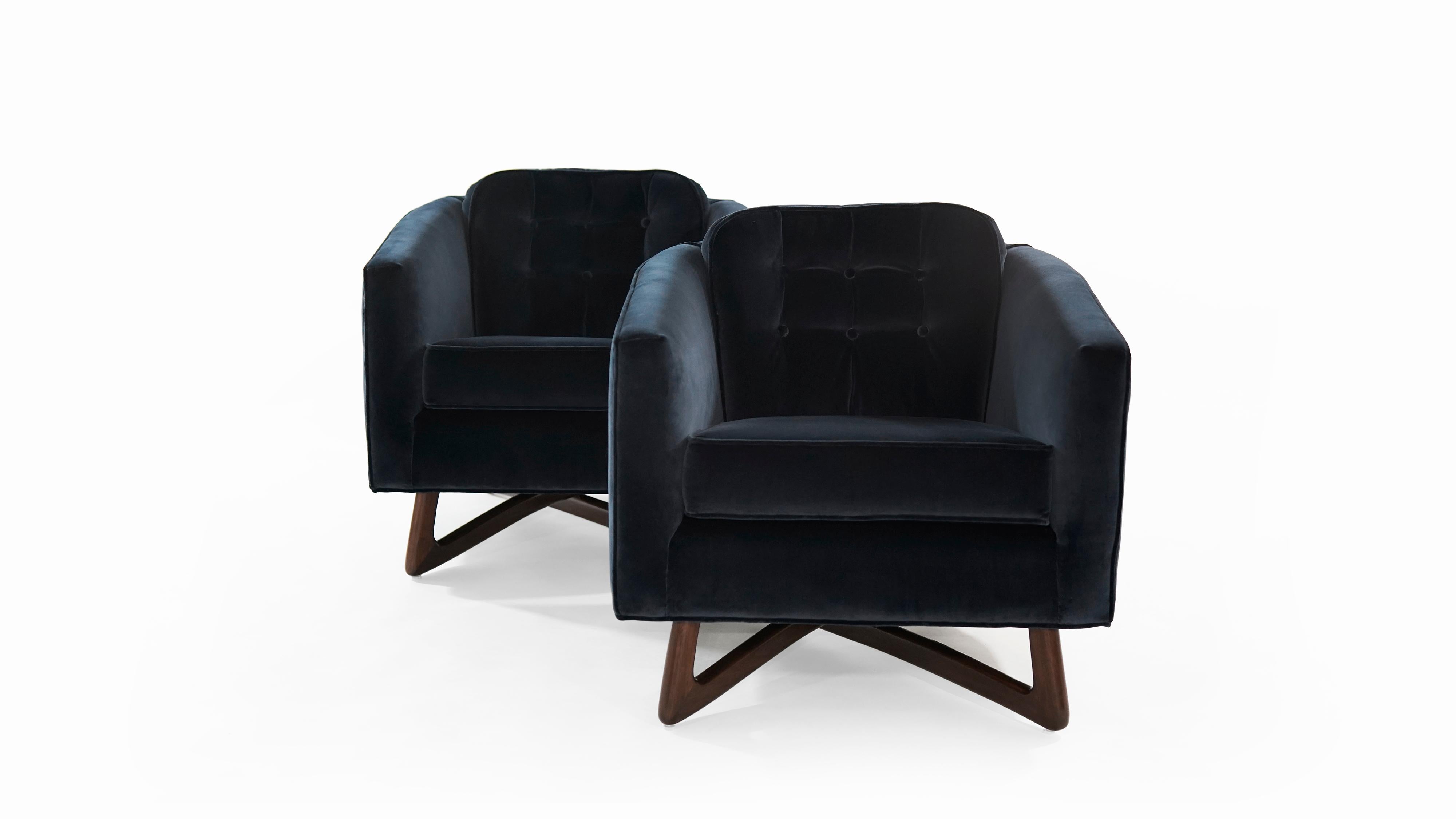 American Adrian Pearsall Lounge Chairs in Navy Blue Velvet, circa 1950s